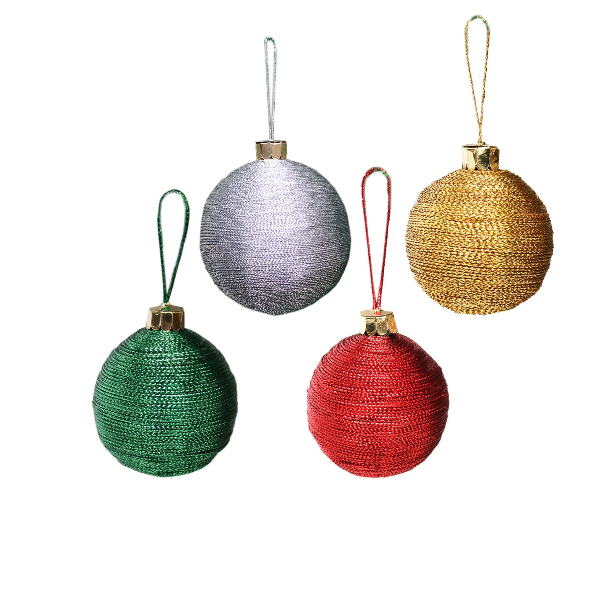 Handmade Christmas Ornaments - Lurex Baubles, 60mm Assorted Colours - Red, Green, Gold, Silver, 4pc