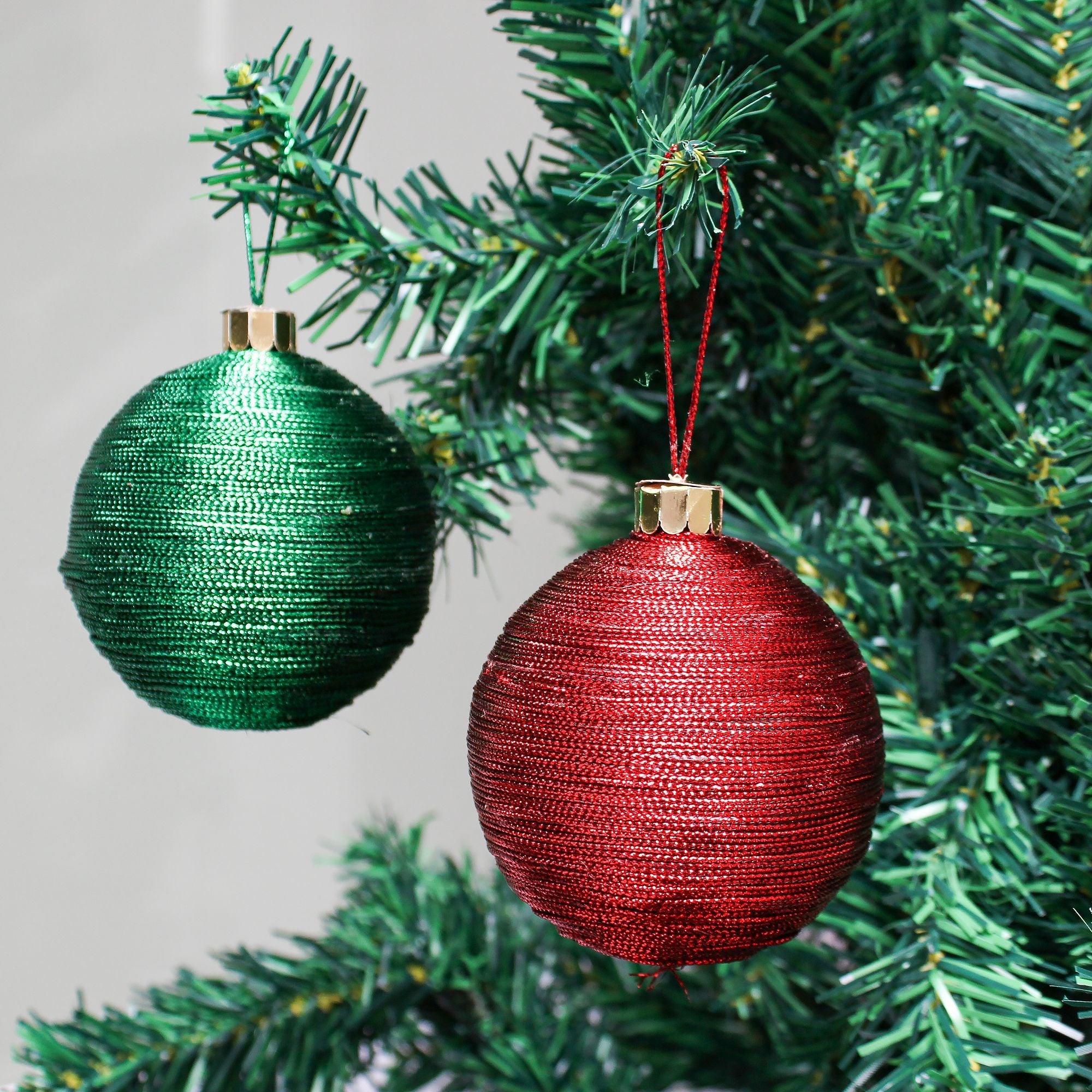 Handmade Christmas Ornaments - Lurex Baubles, 60mm Assorted Colours - Red, Green, Gold, Silver, 4pc