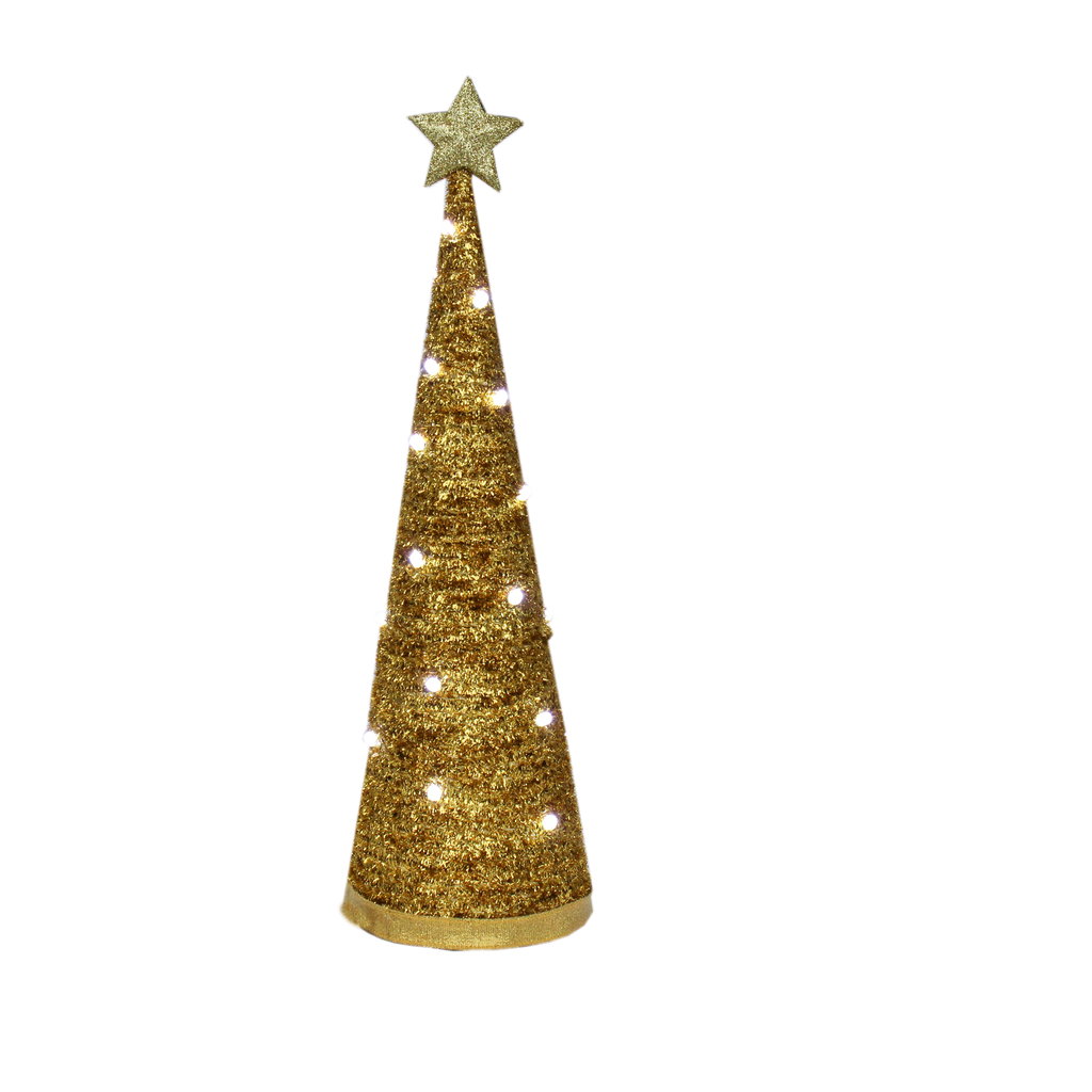 Handmade Conical Christmas Tinsel Tree with LED Light, 14.5 X 4inch, Gold, 1pc