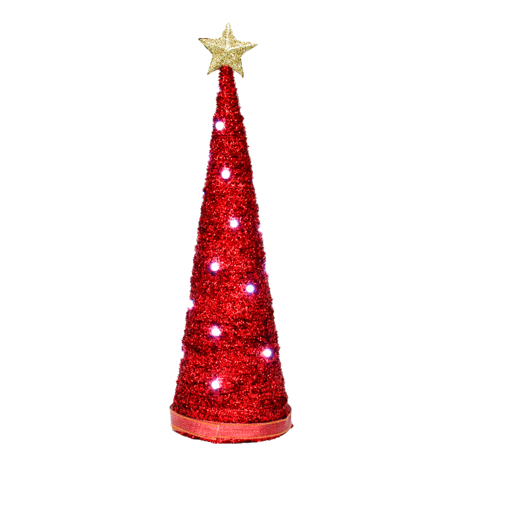 Handmade Conical Christmas Tinsel Tree with LED Light, 14.5 X 4inch, Red, 1pc