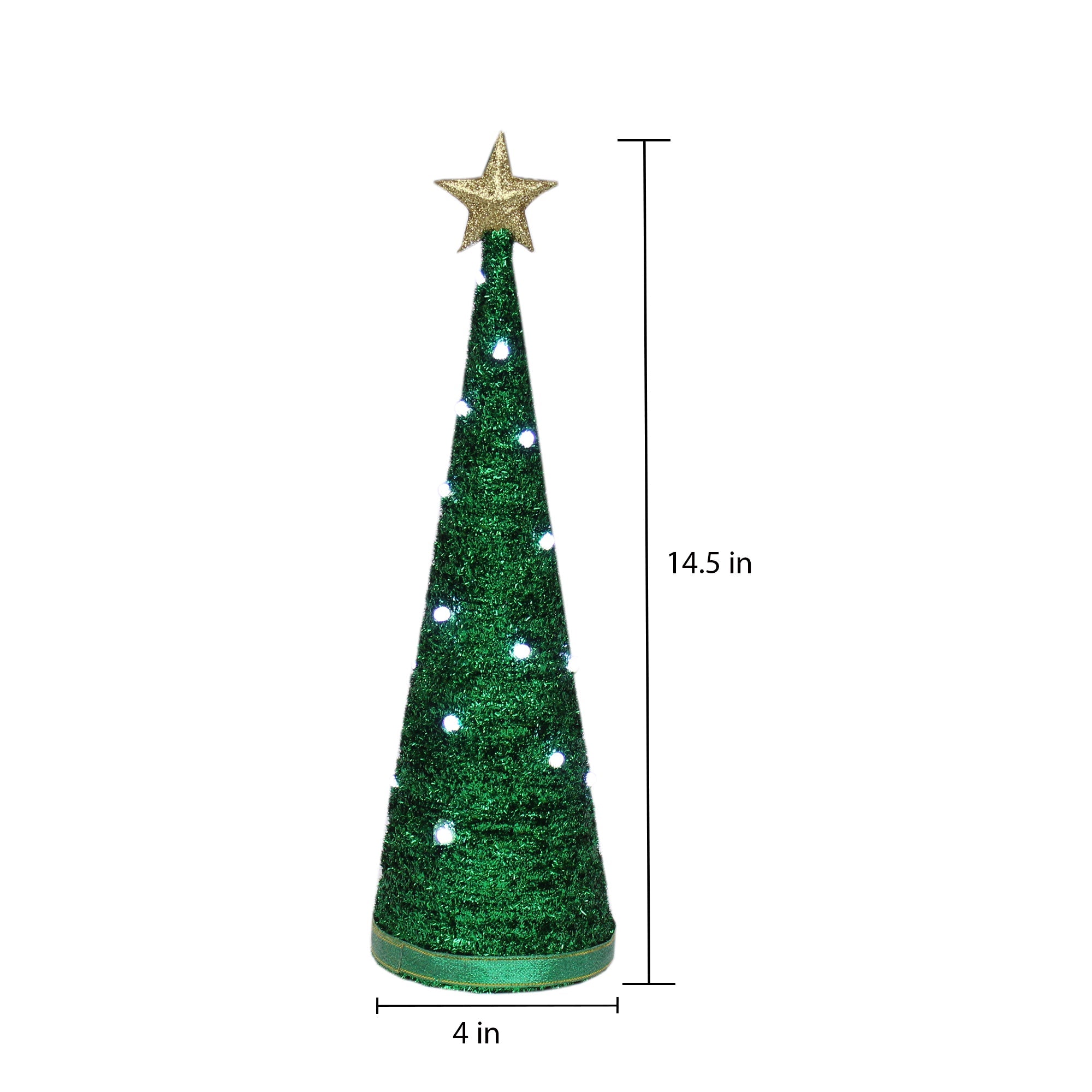 Handmade Conical Christmas Tinsel Tree with LED Light 14.5 X 4inch, Green, 1pc