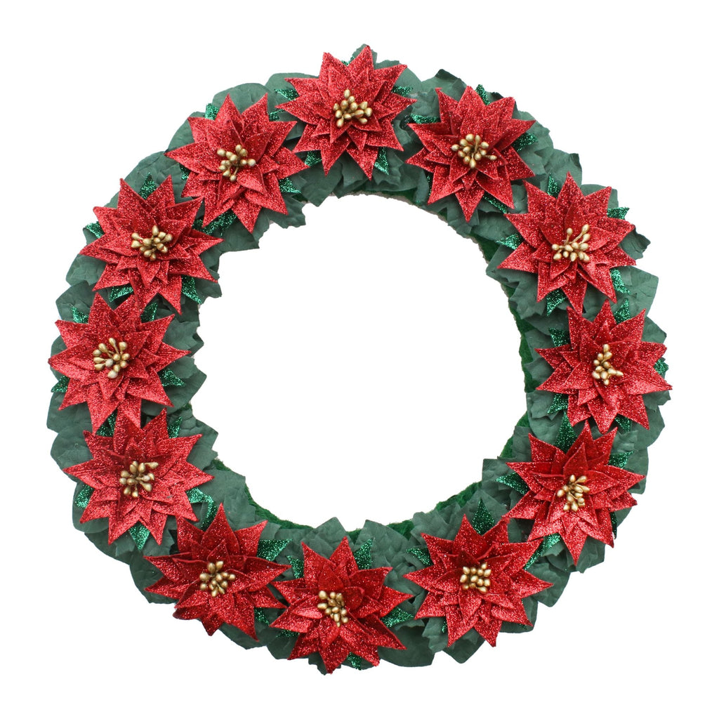 Handmade Christmas Wreath 10 inch Green With Glitter Poinsettia Flower 1pc