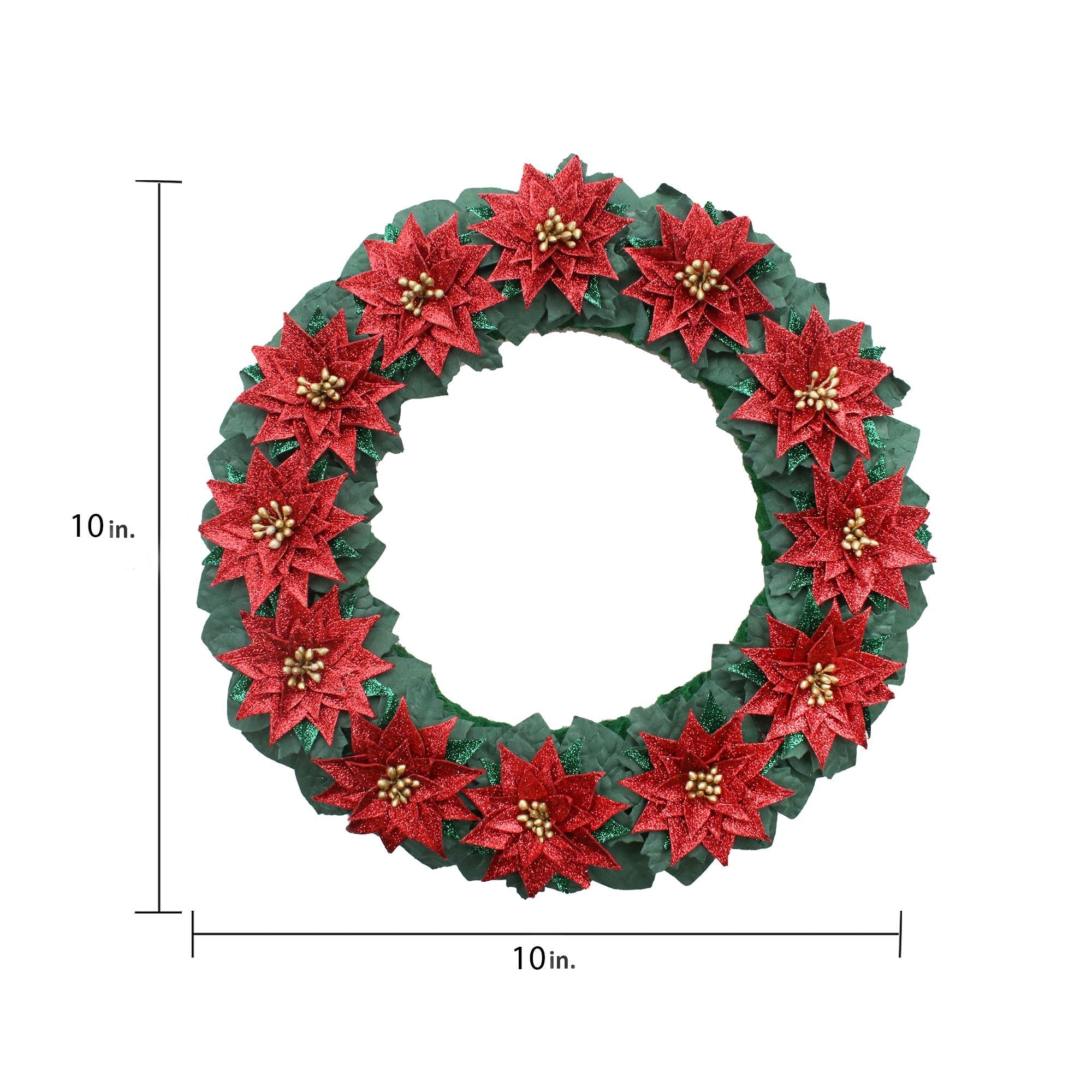 Handmade Christmas Wreath 10 inch Green With Glitter Poinsettia Flower 1pc