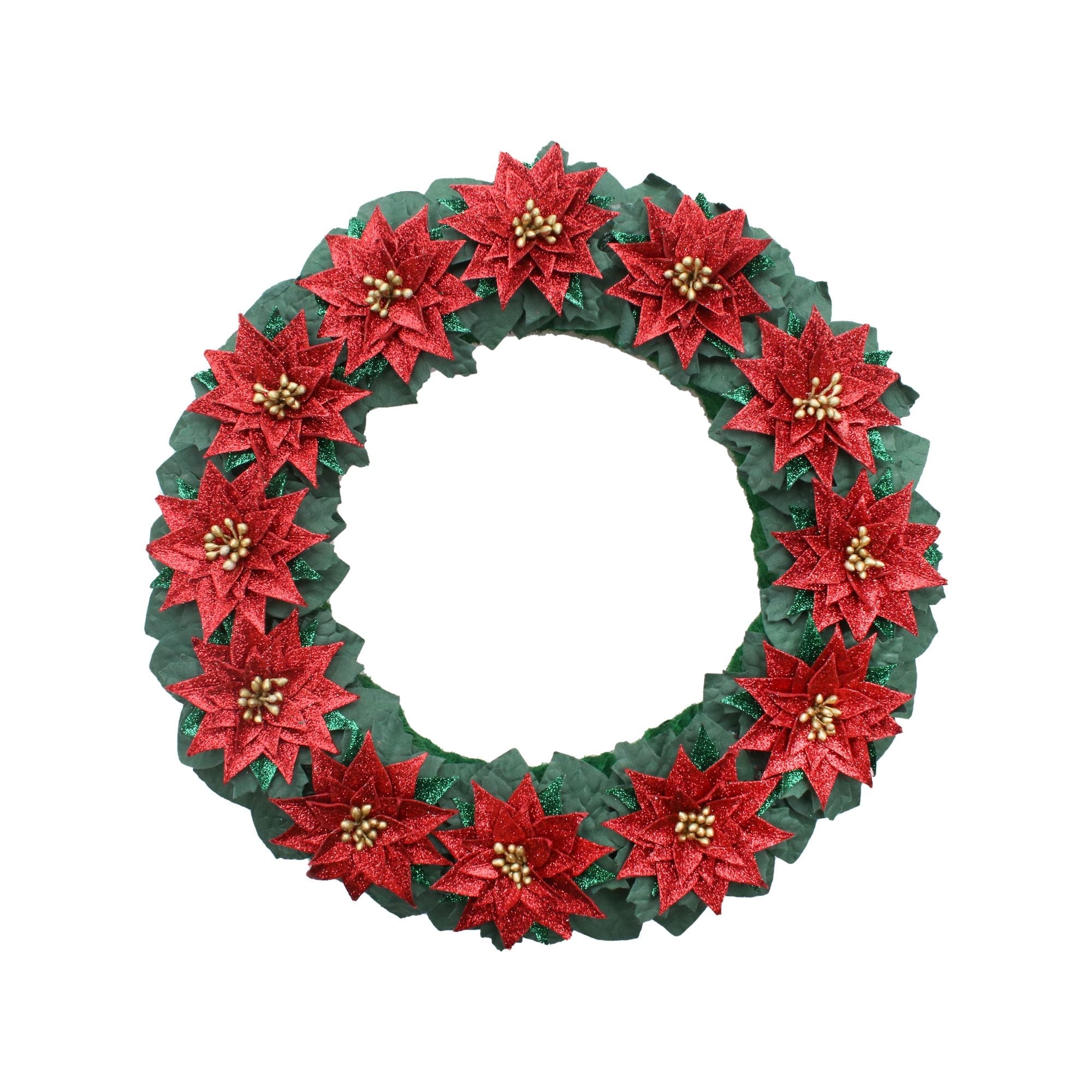 Handmade Christmas Wreath - Glitter Poinsettia, 12inch, 1pc