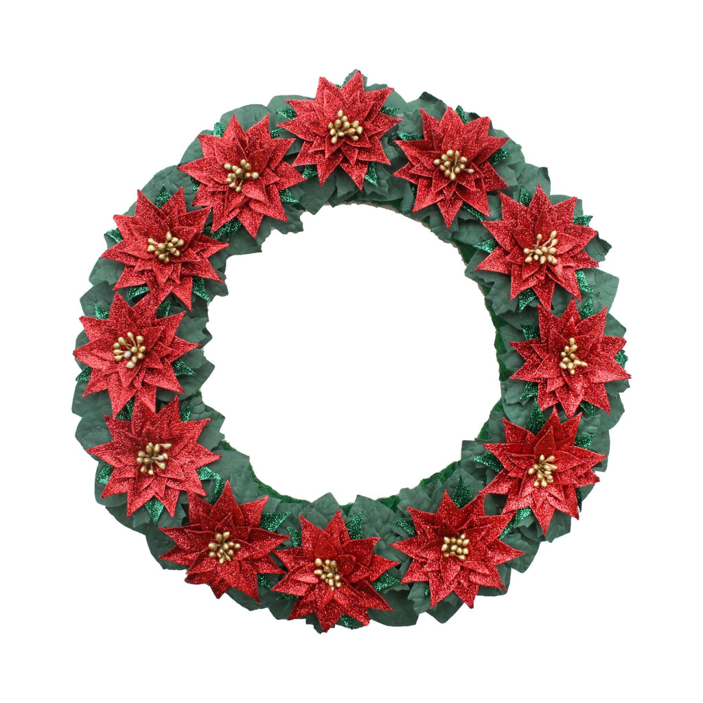 Handmade Christmas Wreath - Glitter Poinsettia, 14inch, 1pc