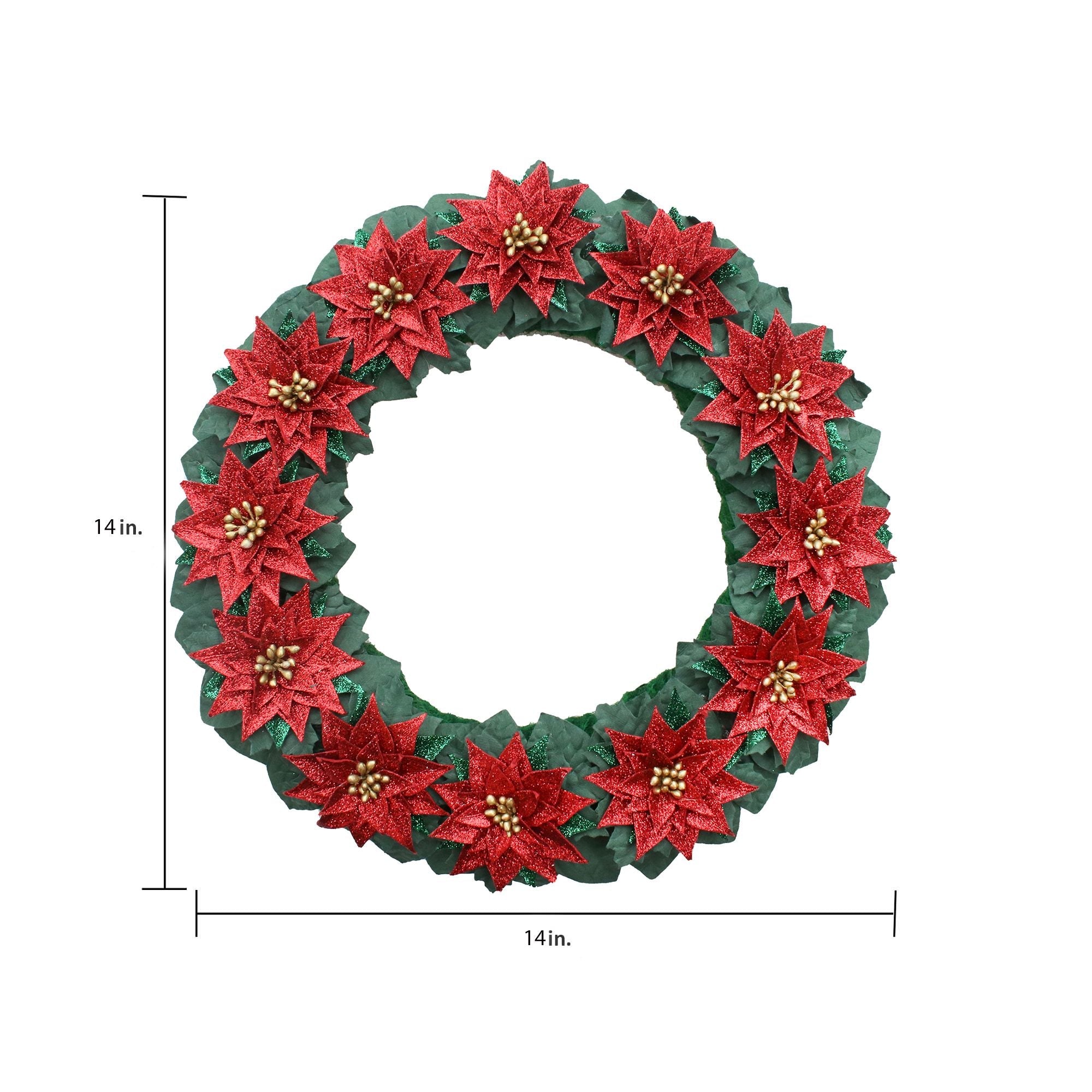 Handmade Christmas Wreath - Glitter Poinsettia, 14inch, 1pc