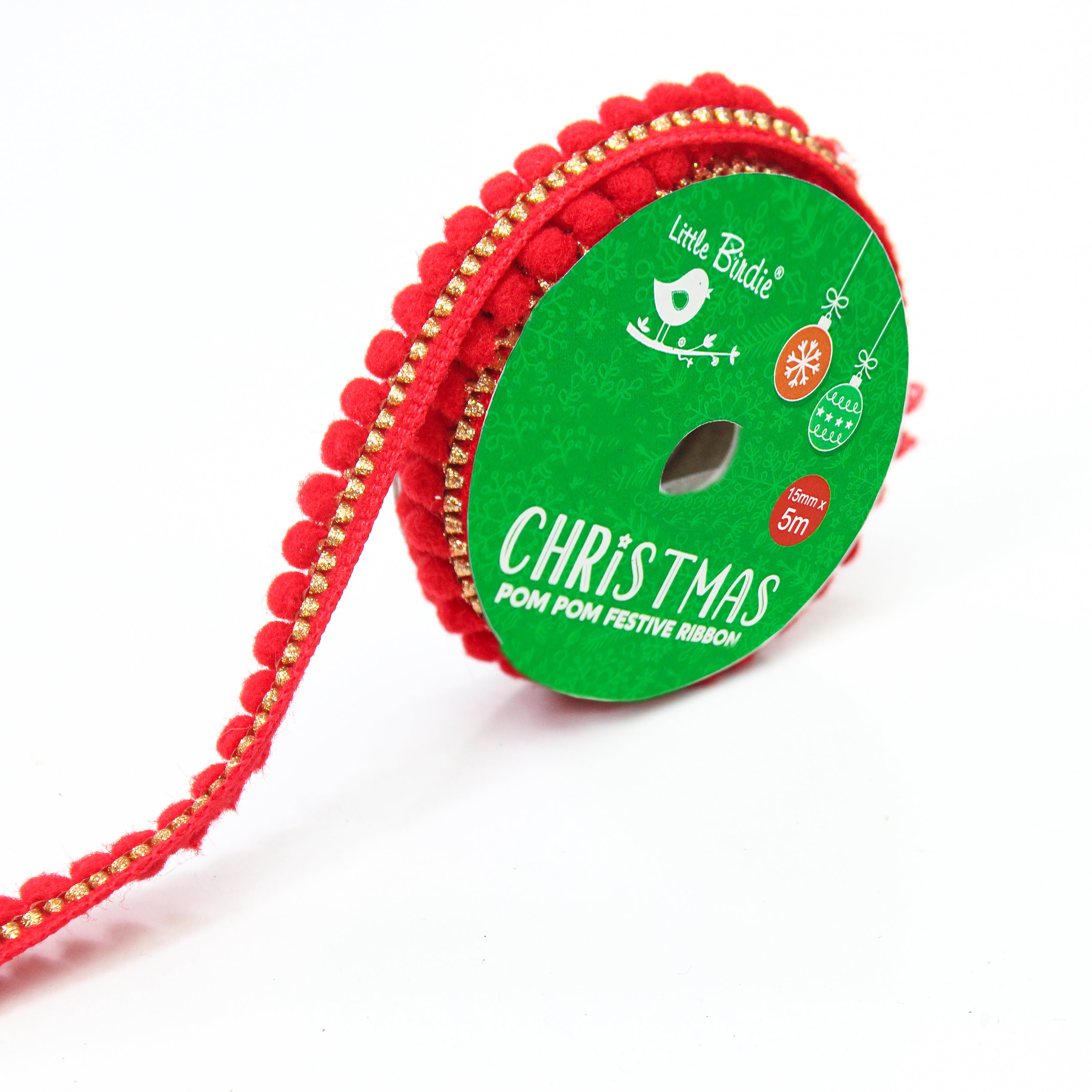 Christmas Pom Pom Festive Ribbon - 15mm, Red And Gold, 5mtr