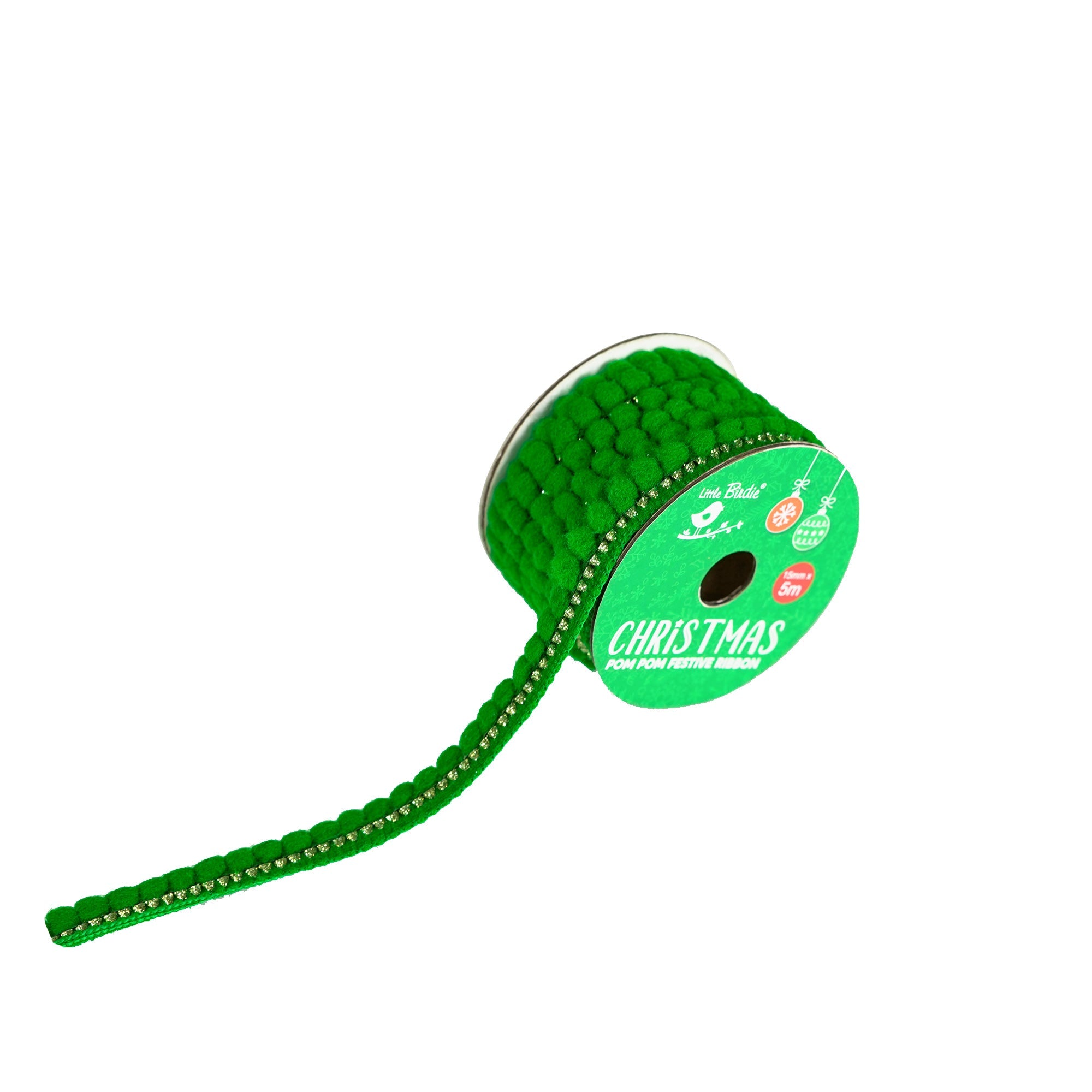 Christmas Pom Pom Festive Ribbon - 15mm, Green and Gold, 5mtr