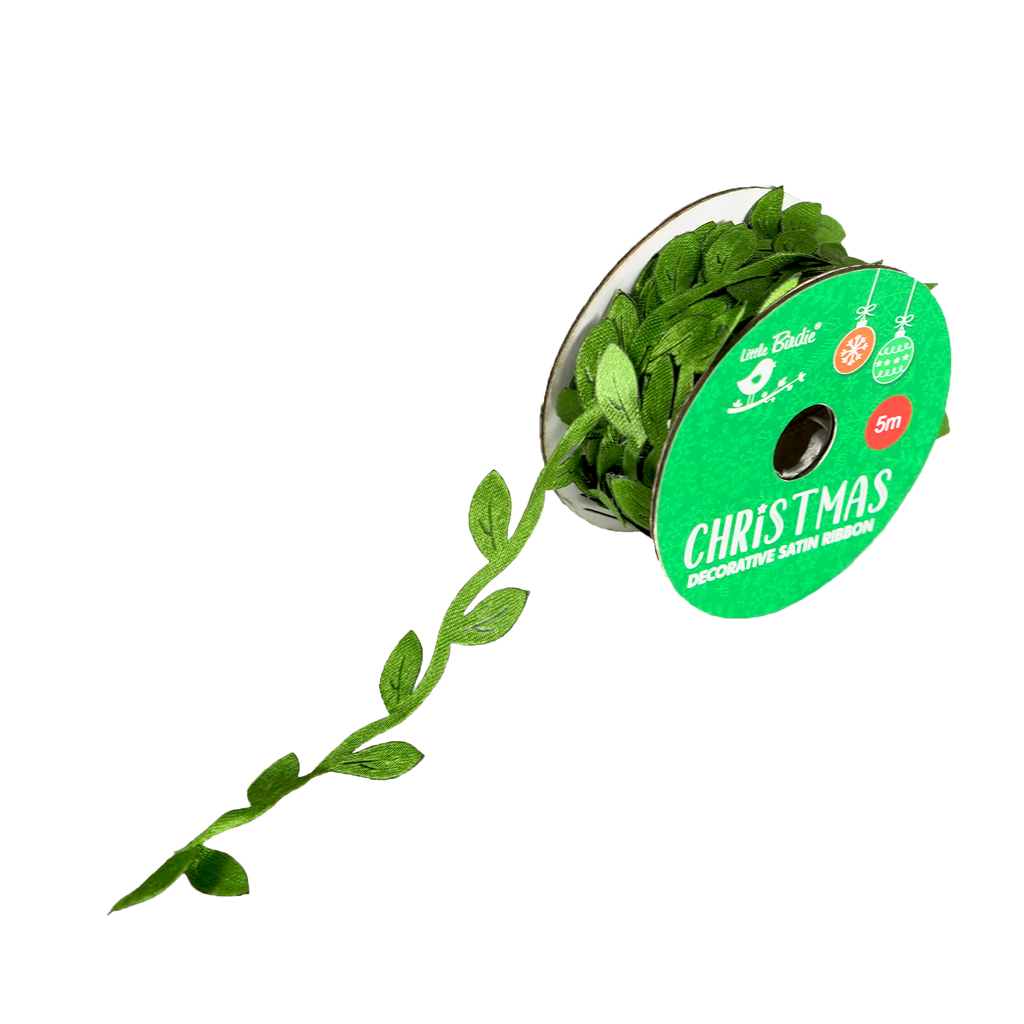 Christmas Decorative Satin Ribbon - Green Leaf, 5mtr