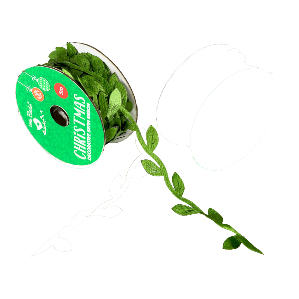 Christmas Decorative Satin Ribbon - Green Leaf, 5mtr