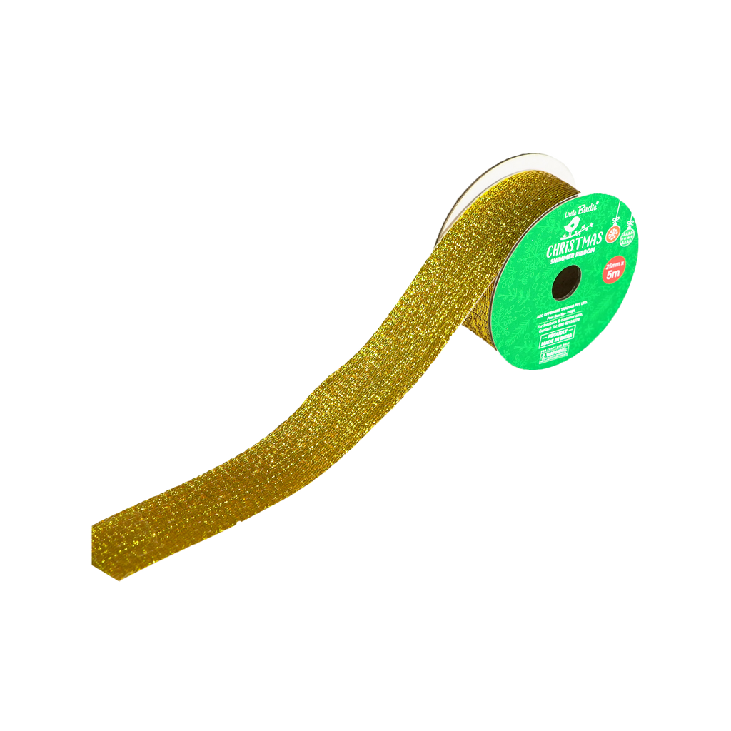 Christmas Shimmer Ribbon - 25mm, Gold, 5mtr