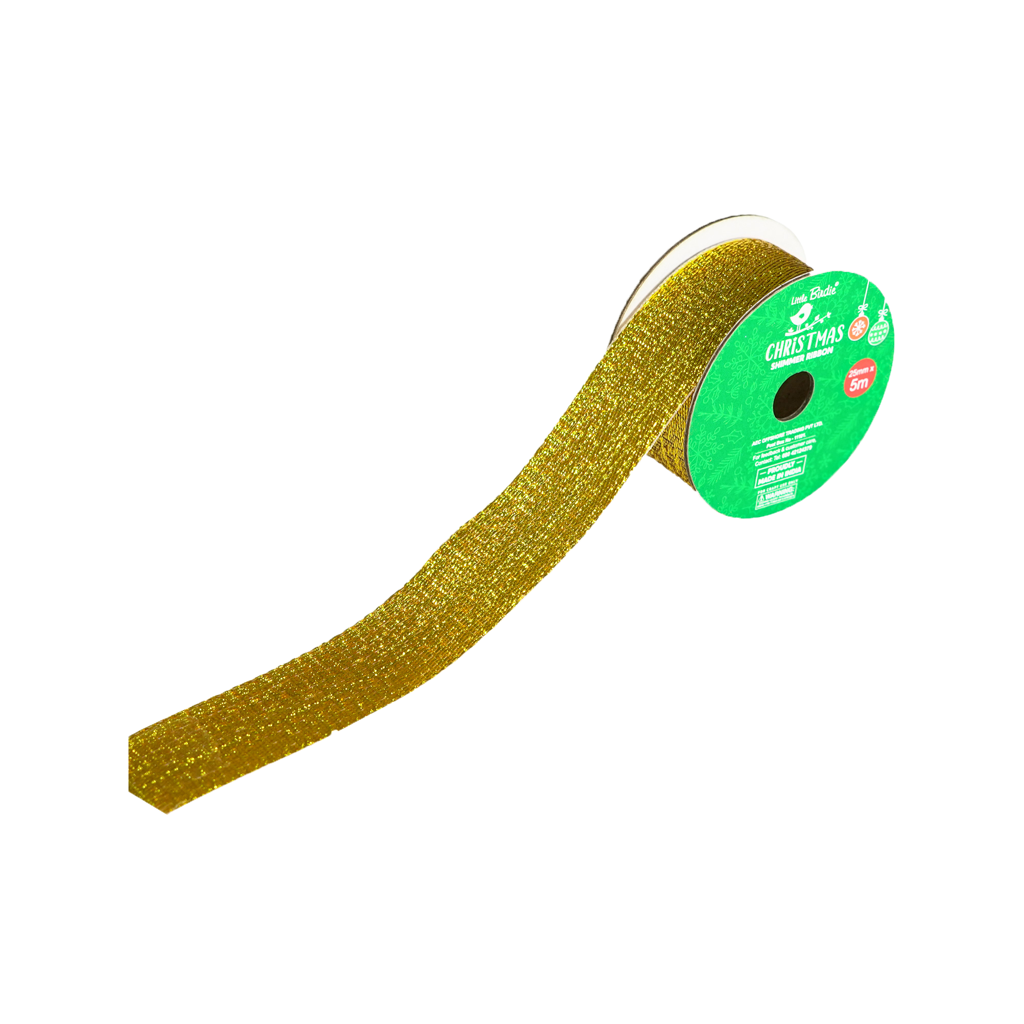 Christmas Shimmer Ribbon - 25mm, Gold, 5mtr