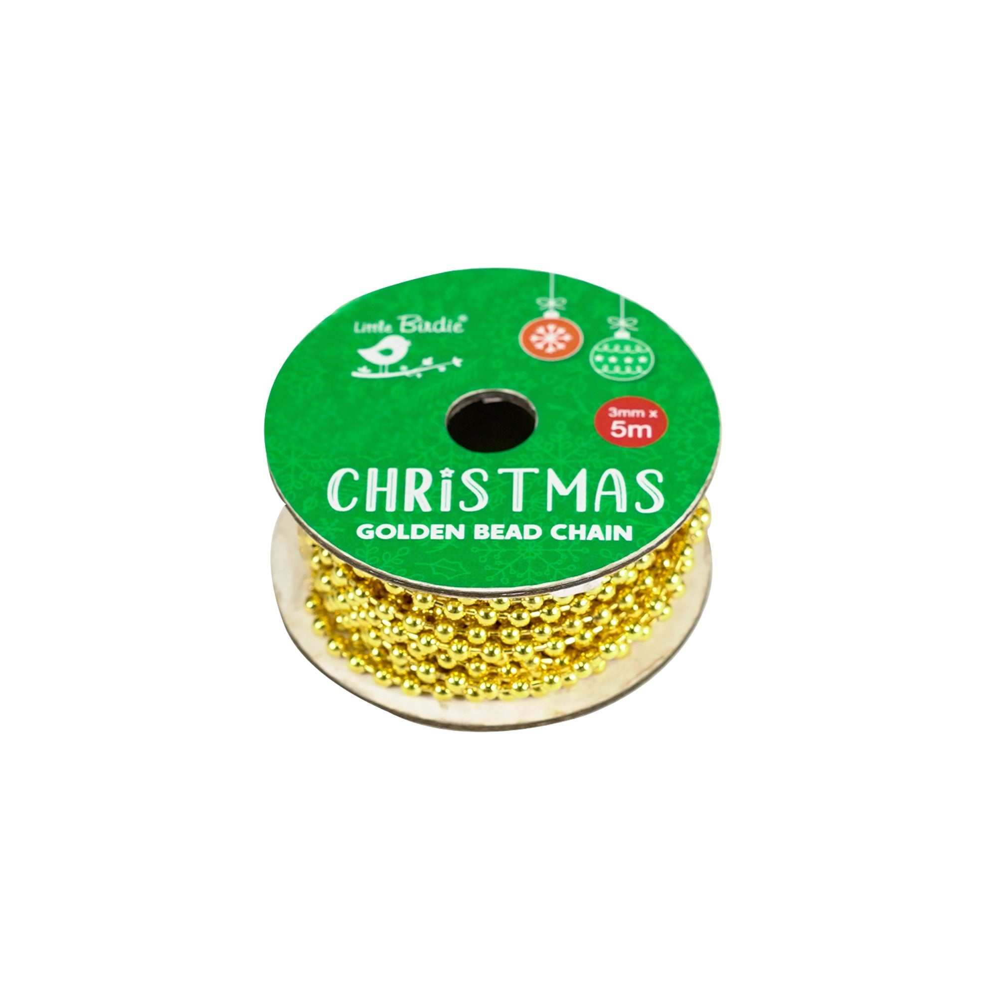 Christmas Golden Bead Chain - 3mm, Gold, 5mtr