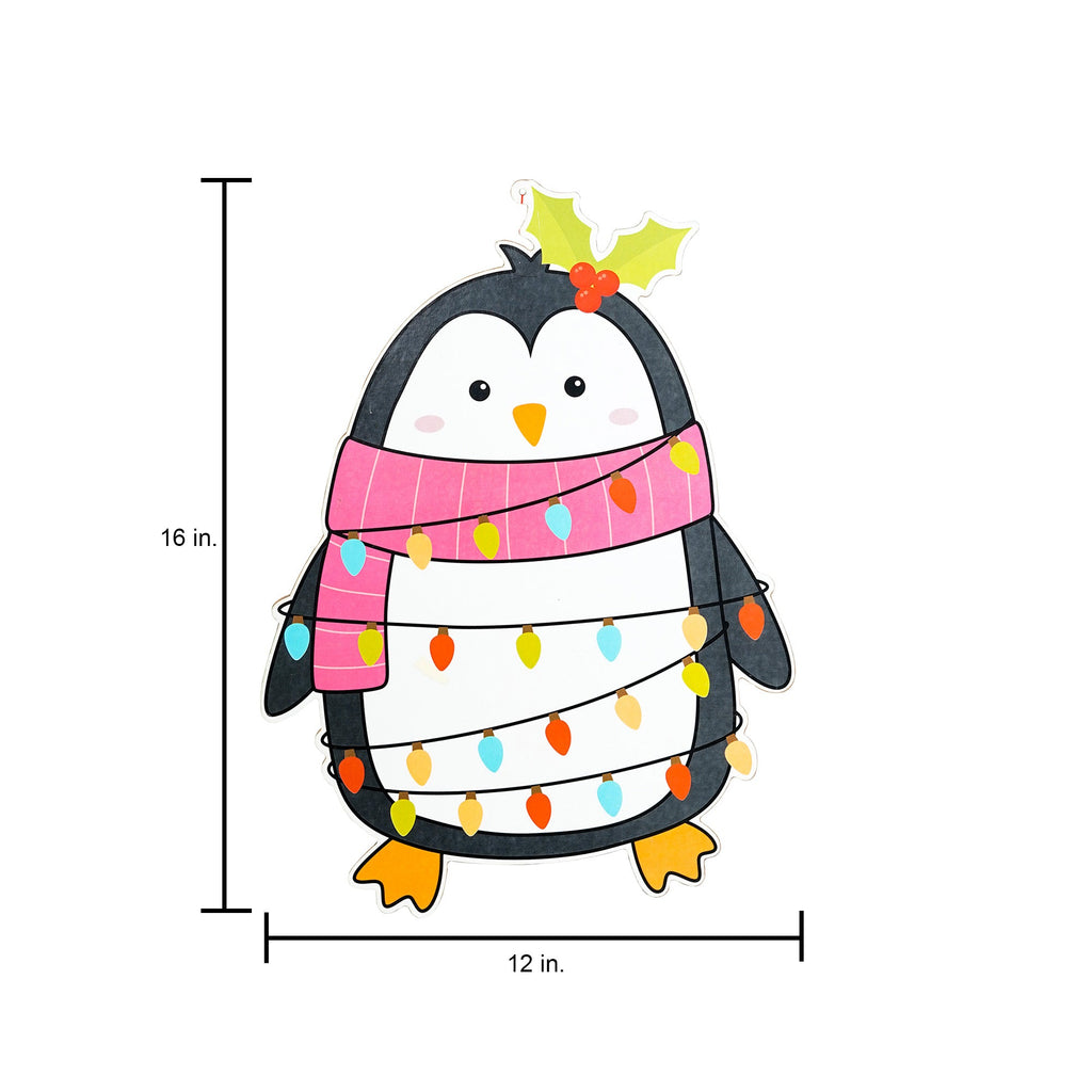 Foil Printed MDF Christmas Wall Hanging Decor - Festive Penguin, W12 x H16 x D0.07inches, 1pc