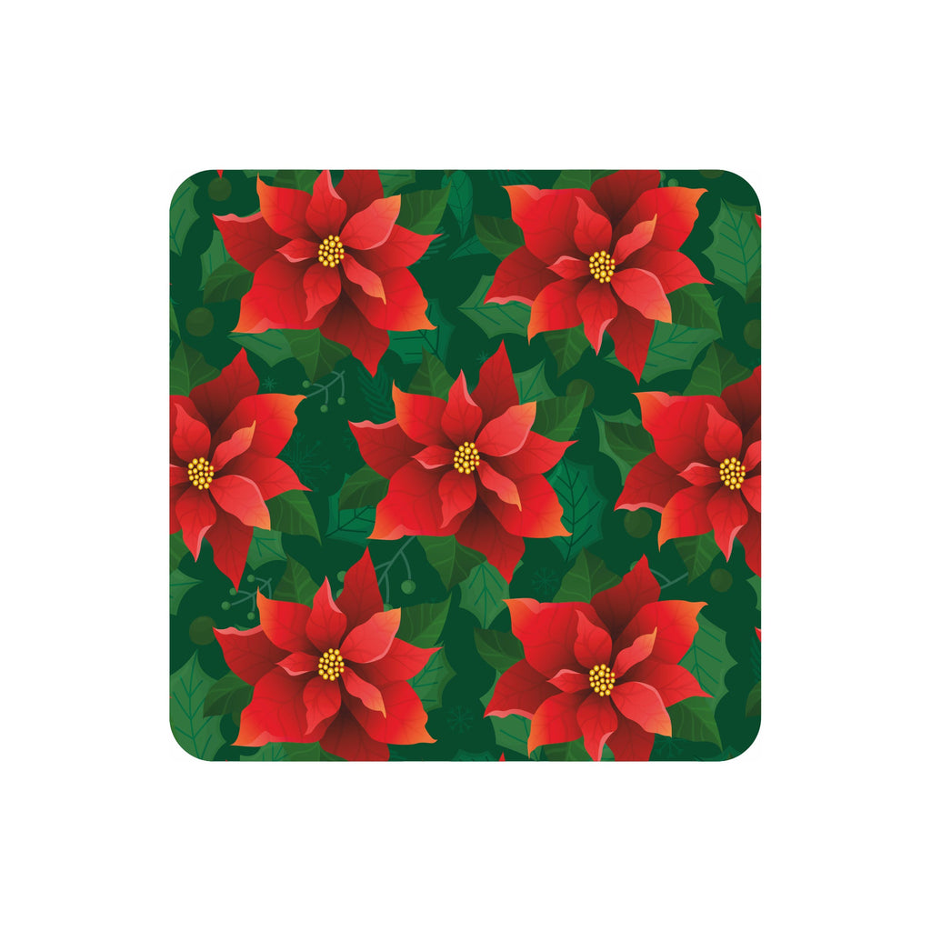 Foil Printed Christmas Placemat & Coaster Set - W12 x H15 inches,W4 x H4 inches, Poinsettia, 6pc