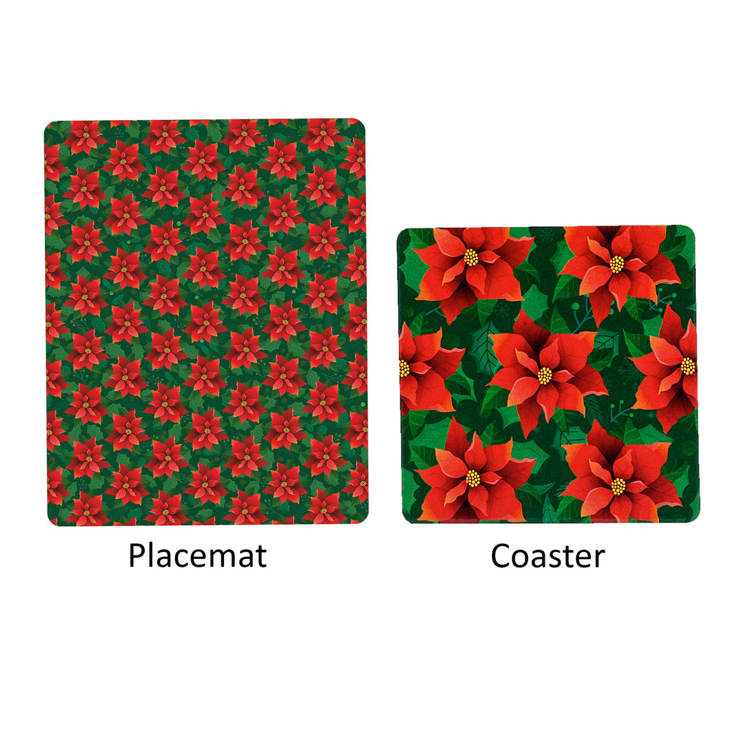 Foil Printed Christmas Placemat & Coaster Set - W12 x H15 inches,W4 x H4 inches, Poinsettia, 6pc