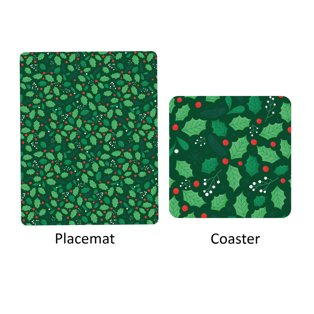 Foil Printed Christmas Placemat & Coaster Set - Holly Berries, W12 x H15 inches, W4 x H4 inches, 6pc each