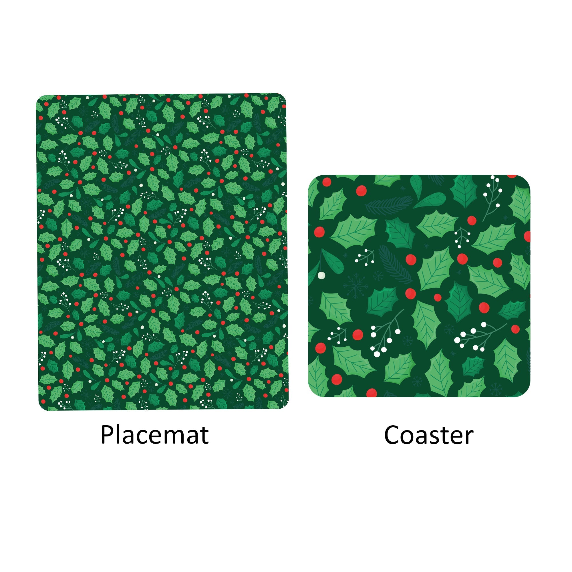 Foil Printed Christmas Placemat & Coaster Set - Holly Berries, W12 x H15 inches, W4 x H4 inches, 6pc each