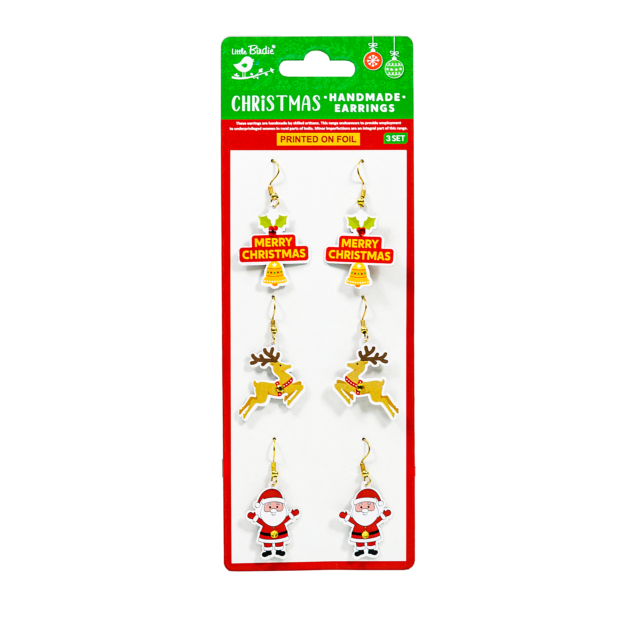 Handmade Christmas Earrings - Joyful Santa, 3pairs