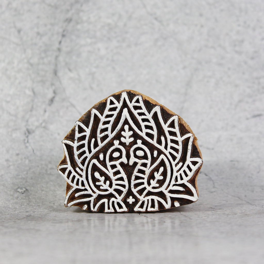 Hand Carved Wooden Printing Block Peacock Duo W 2.5inch X L 2inch 1pc