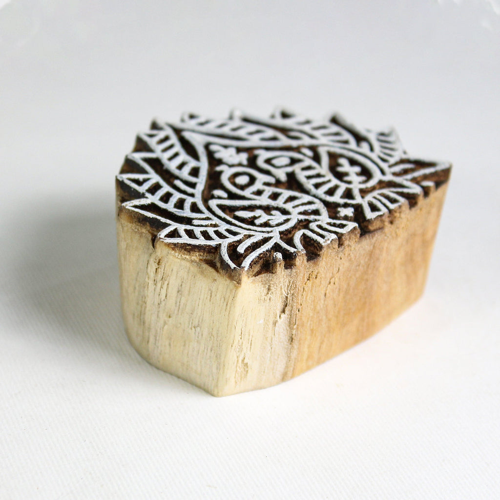 Hand Carved Wooden Printing Block Peacock Duo W 2.5inch X L 2inch 1pc