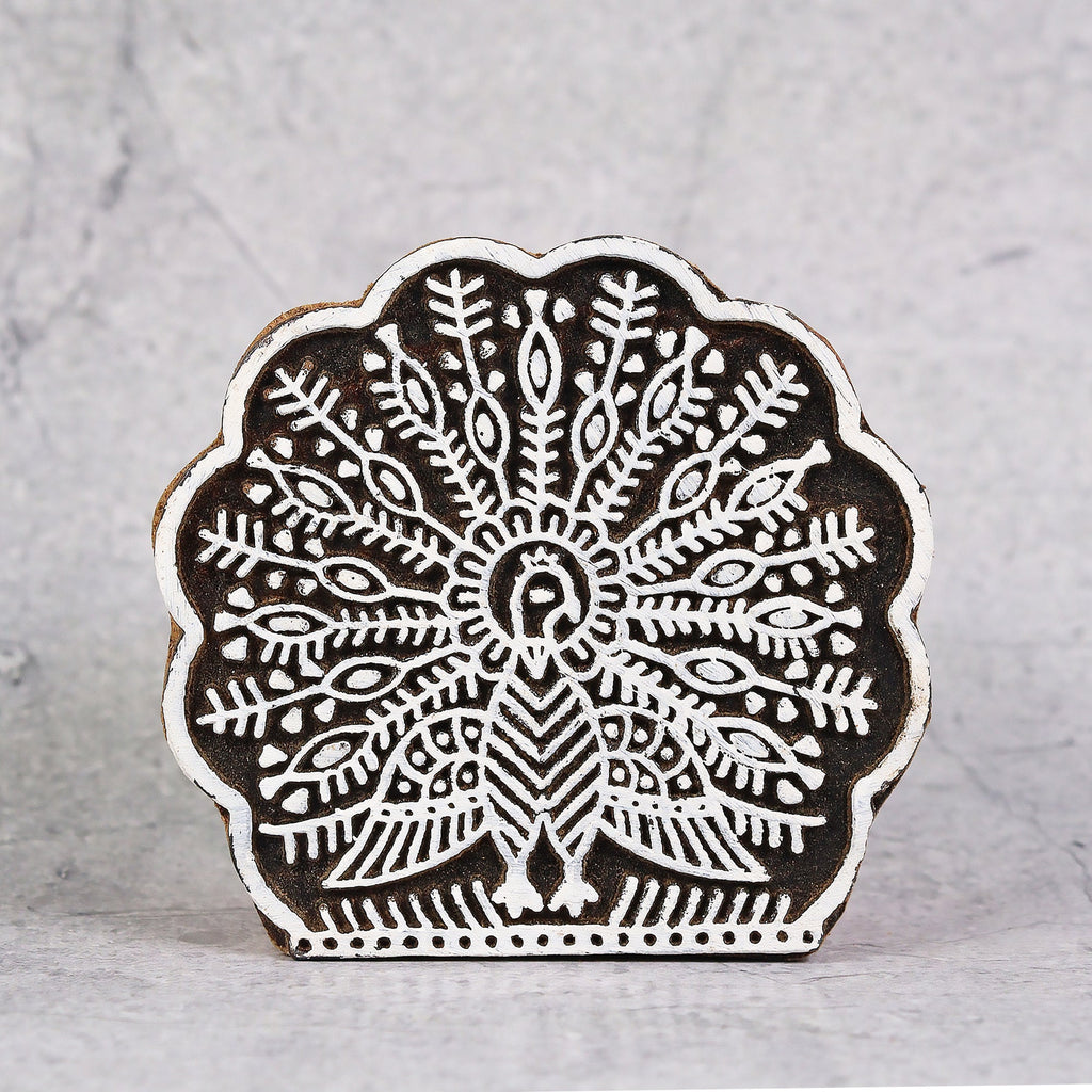 Hand Carved Wooden Printing Block Dancing Peacock W 2.75inch X L 2.75inch 1pc