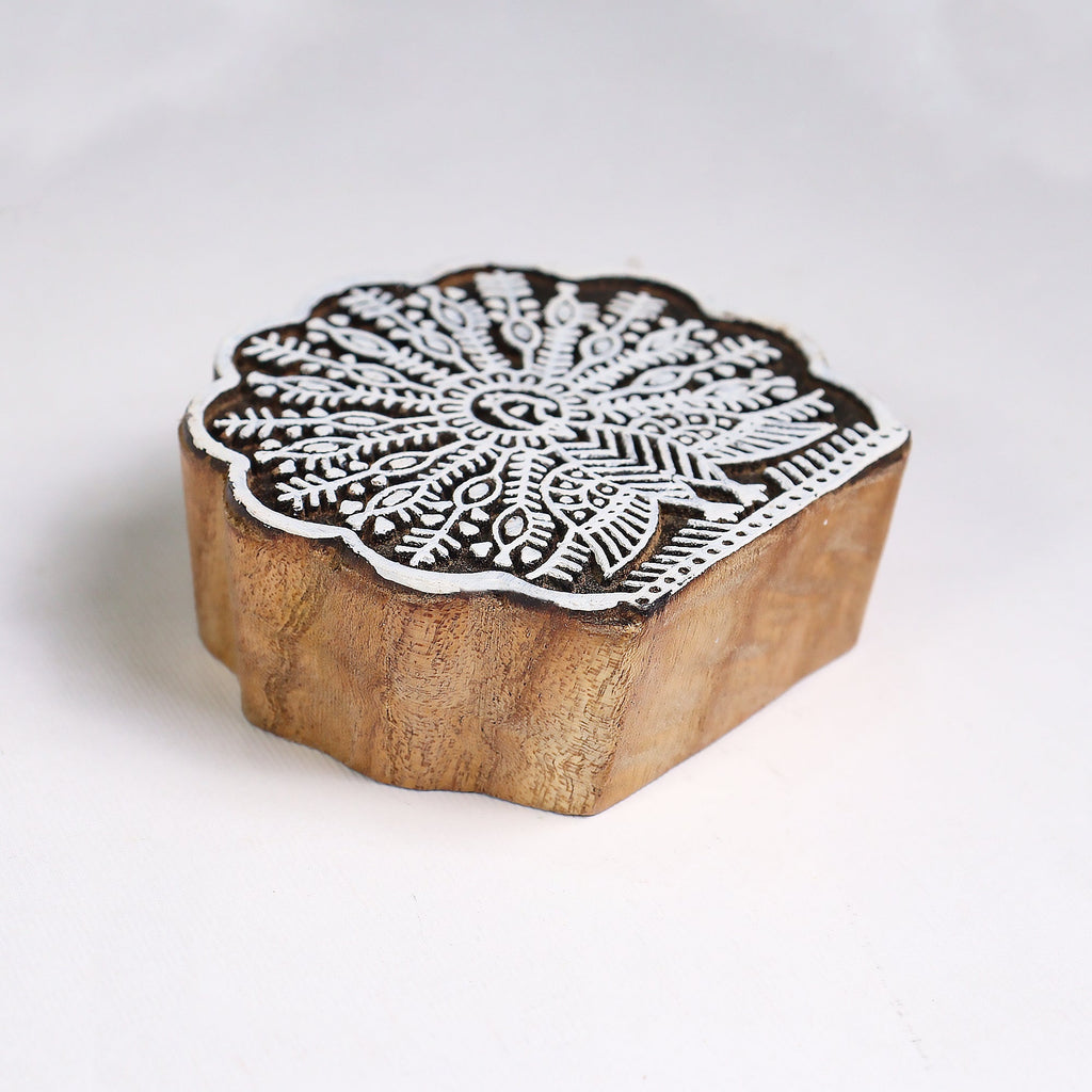 Hand Carved Wooden Printing Block Dancing Peacock W 2.75inch X L 2.75inch 1pc