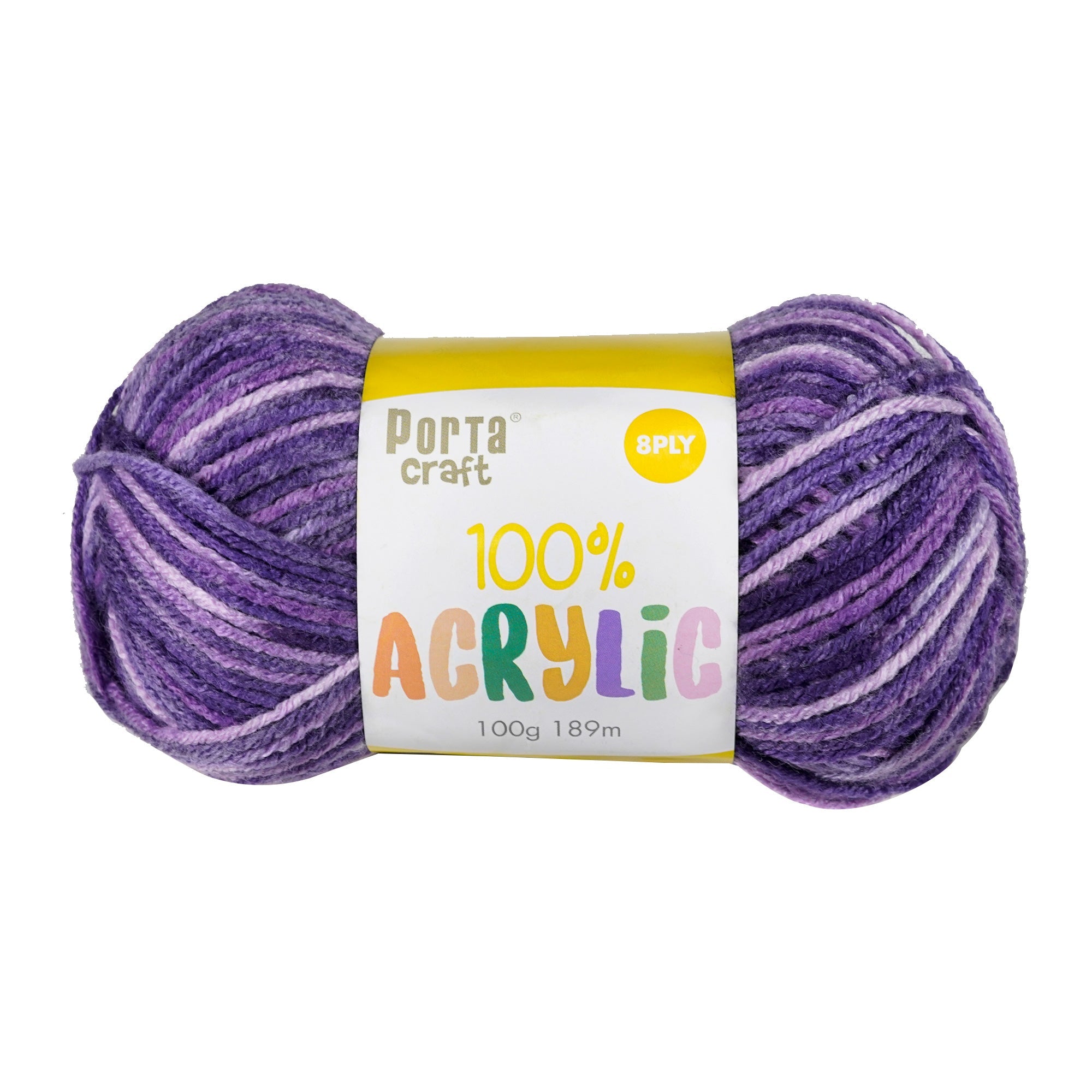 Porta Craft Acrylic Yarn 100% 100Gm 189M 8Ply Multi Purple Popper