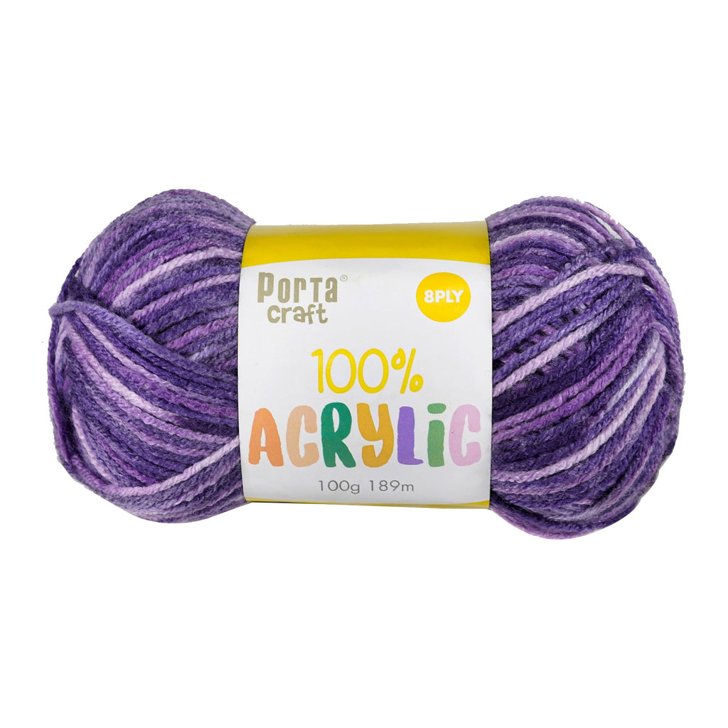 Porta Craft Acrylic Yarn 100% 100Gm 189M 8Ply Multi Purple Popper