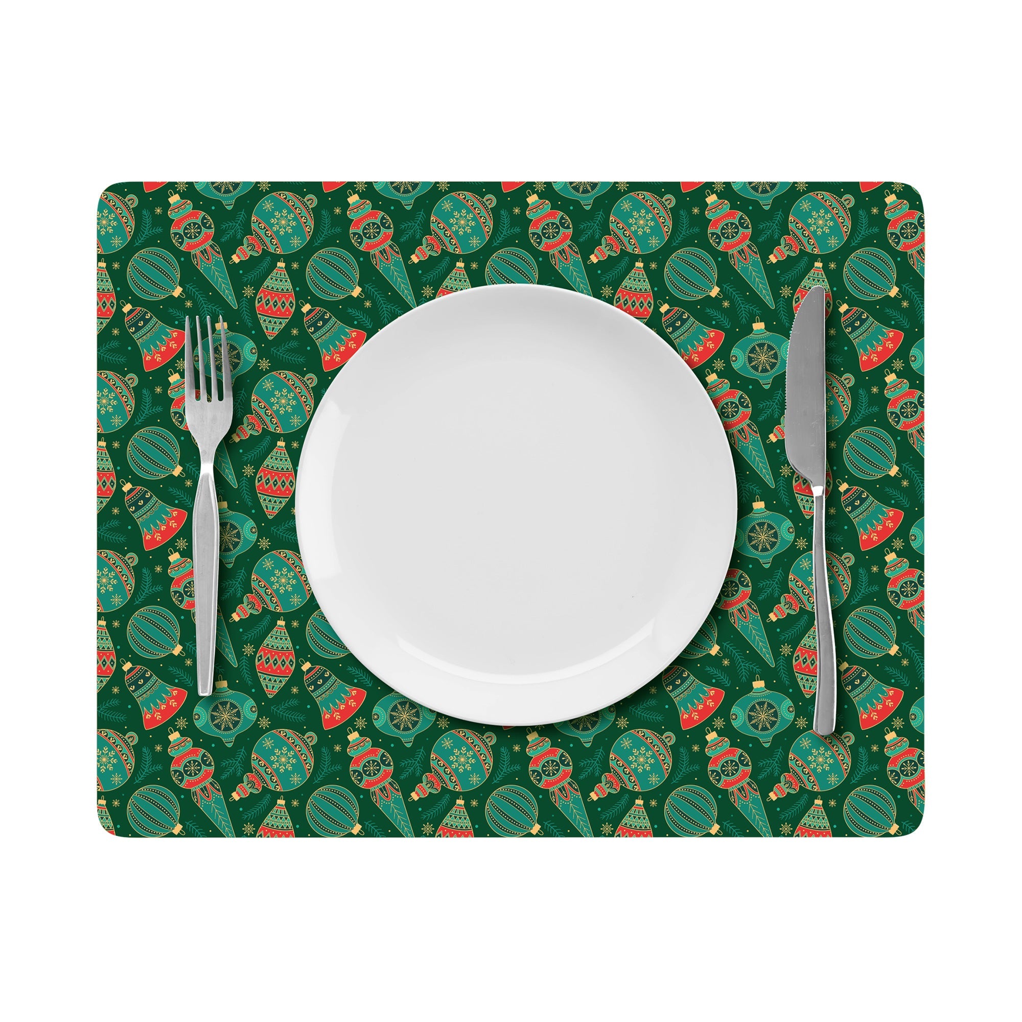 Foil Printed Christmas Placemat & Coaster Set - Christmas Ornaments, W12 x H15inches, W4 x H4inches,  6pc each