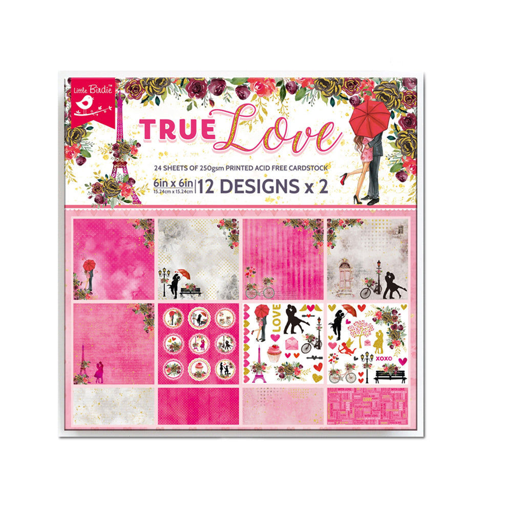 Printed Cardstock Pack 6 x 6, 12 Designs, 24 Sheets, 250gsm - True Love