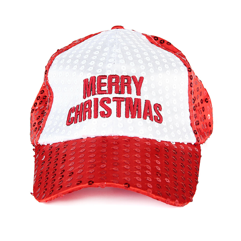 Sequin Cap - Merry Christmas, White & Red, 1Pc