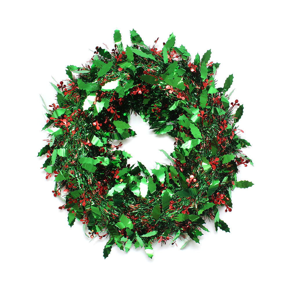 Tinsel Holly Wreath - Red And Green, 45Cm, 1Pc