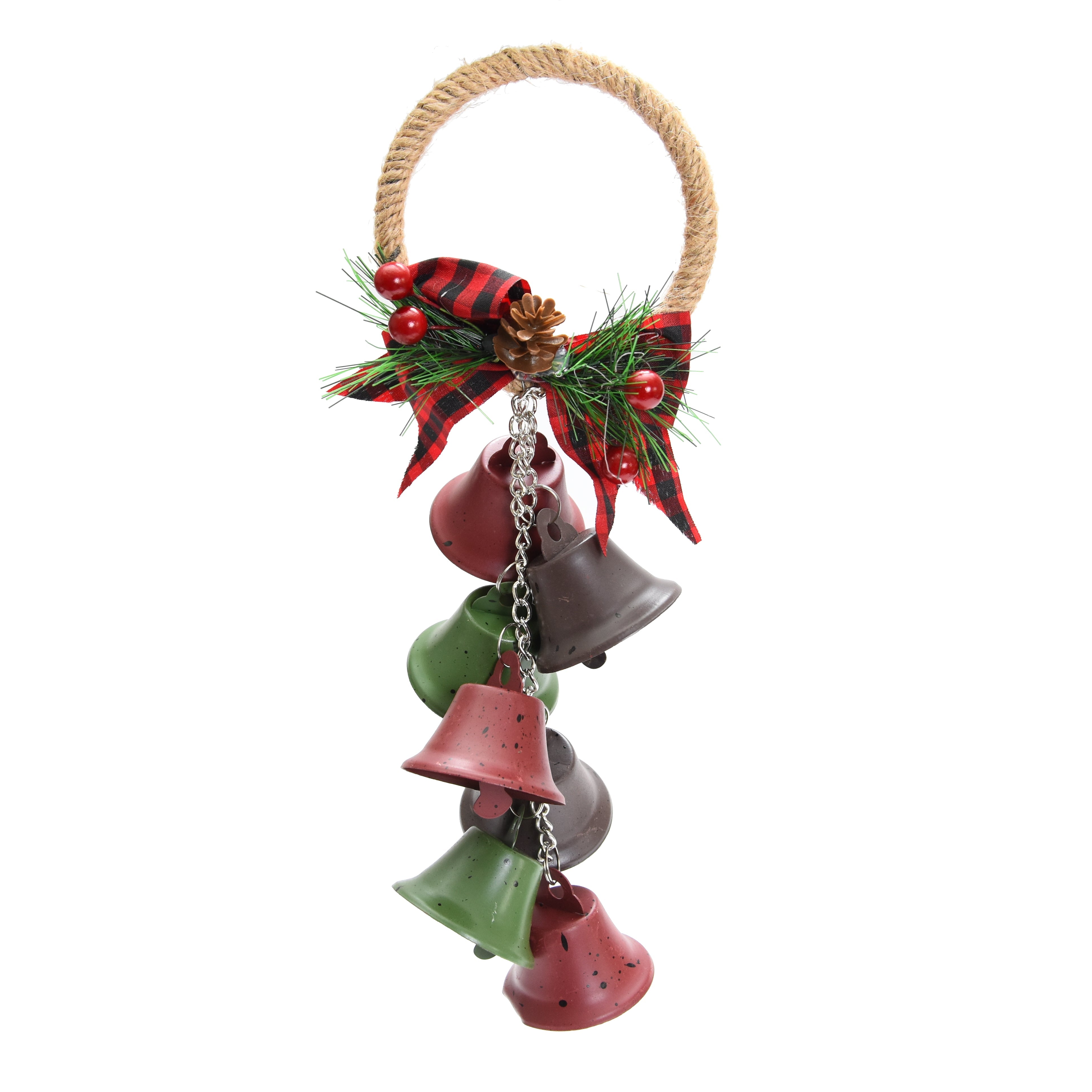 Rustic Hanging Jingle Bell - Red and Green, 23cm