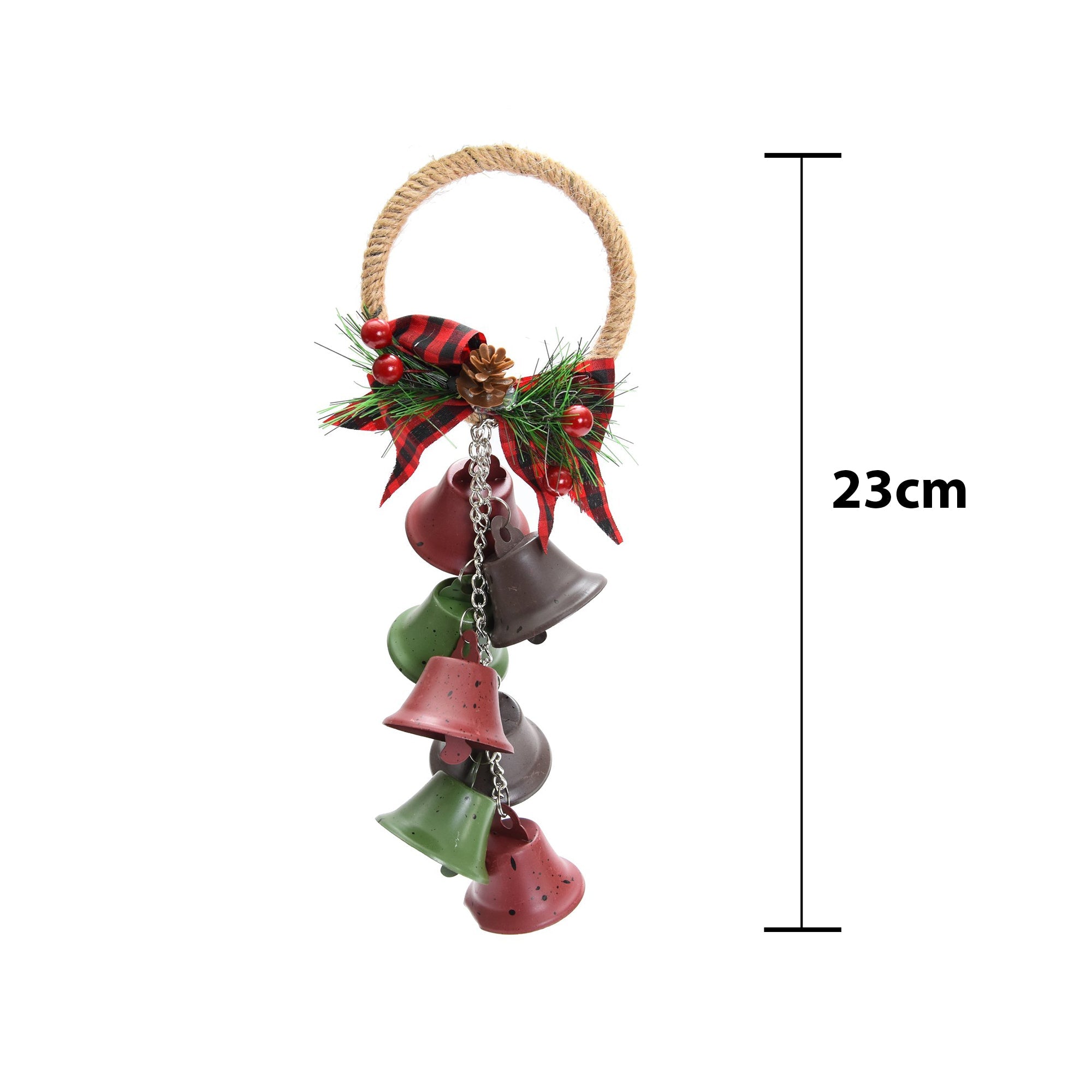 Rustic Hanging Jingle Bell - Red and Green, 23cm