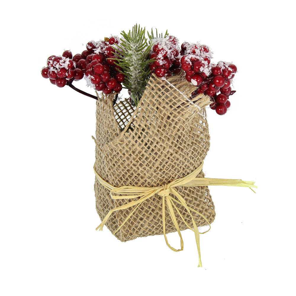 Snowy Pine Tips & Berries In Burlap Pot - 1Pc