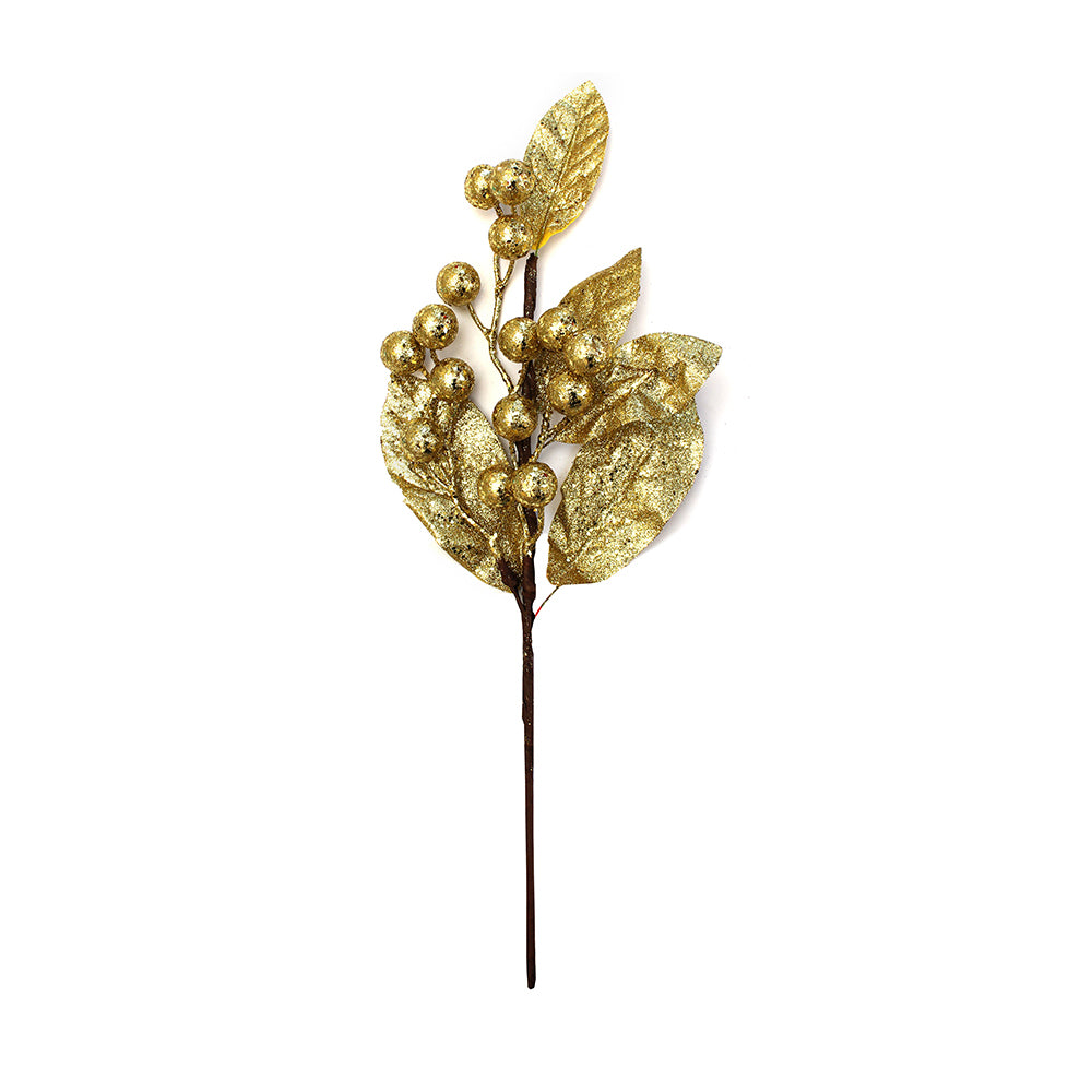 Artificial Glitter Berries & Leaves Stem - Gold, 50cm, 1pc