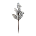 Artificial Glitter Berries & Leaves Stem - Silver, 50Cm, 1Pc