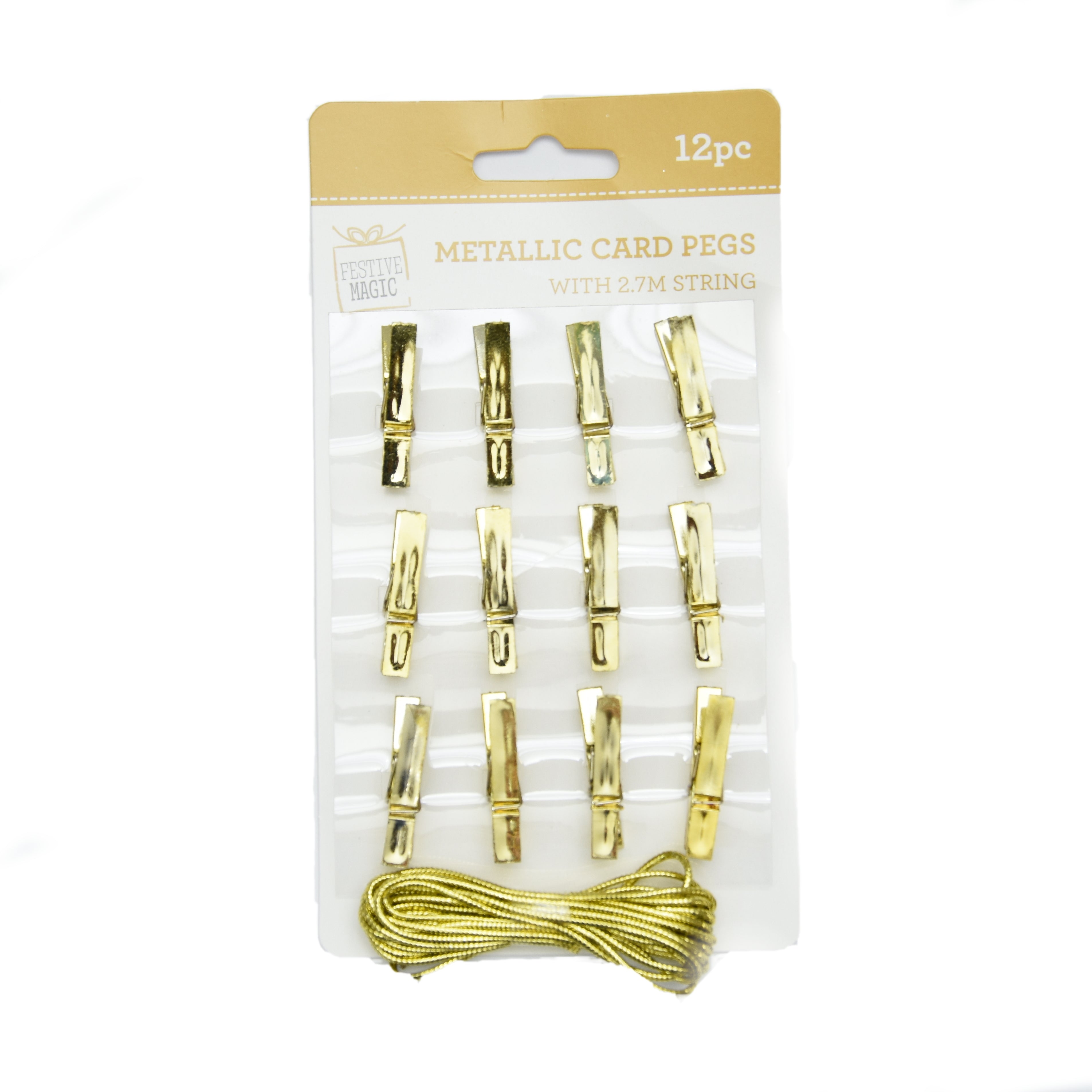 Card Pegs - 12pc, Metallic Gold, 1.5m String