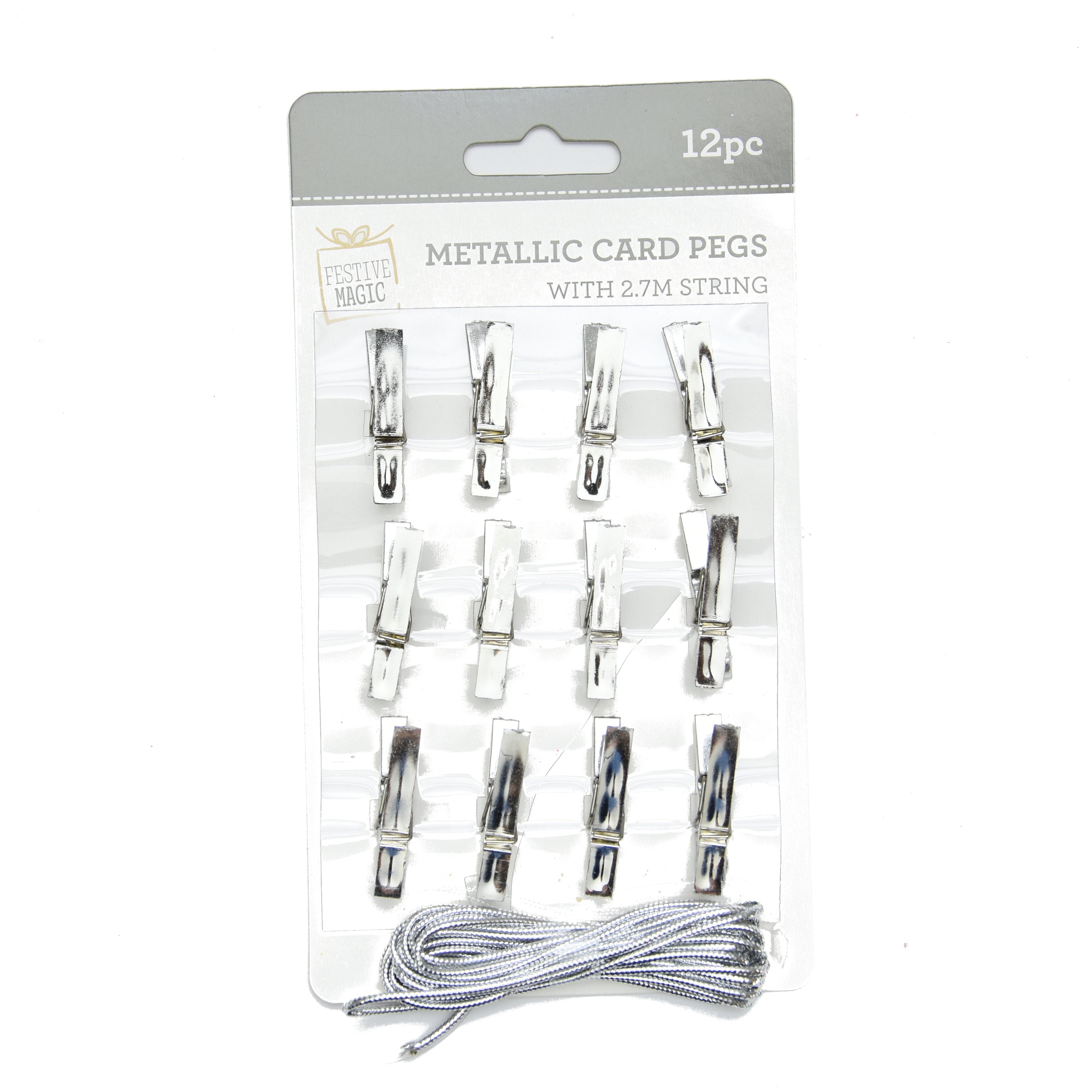 Card Pegs - 12pc, Metallic Silver, 1.5m String