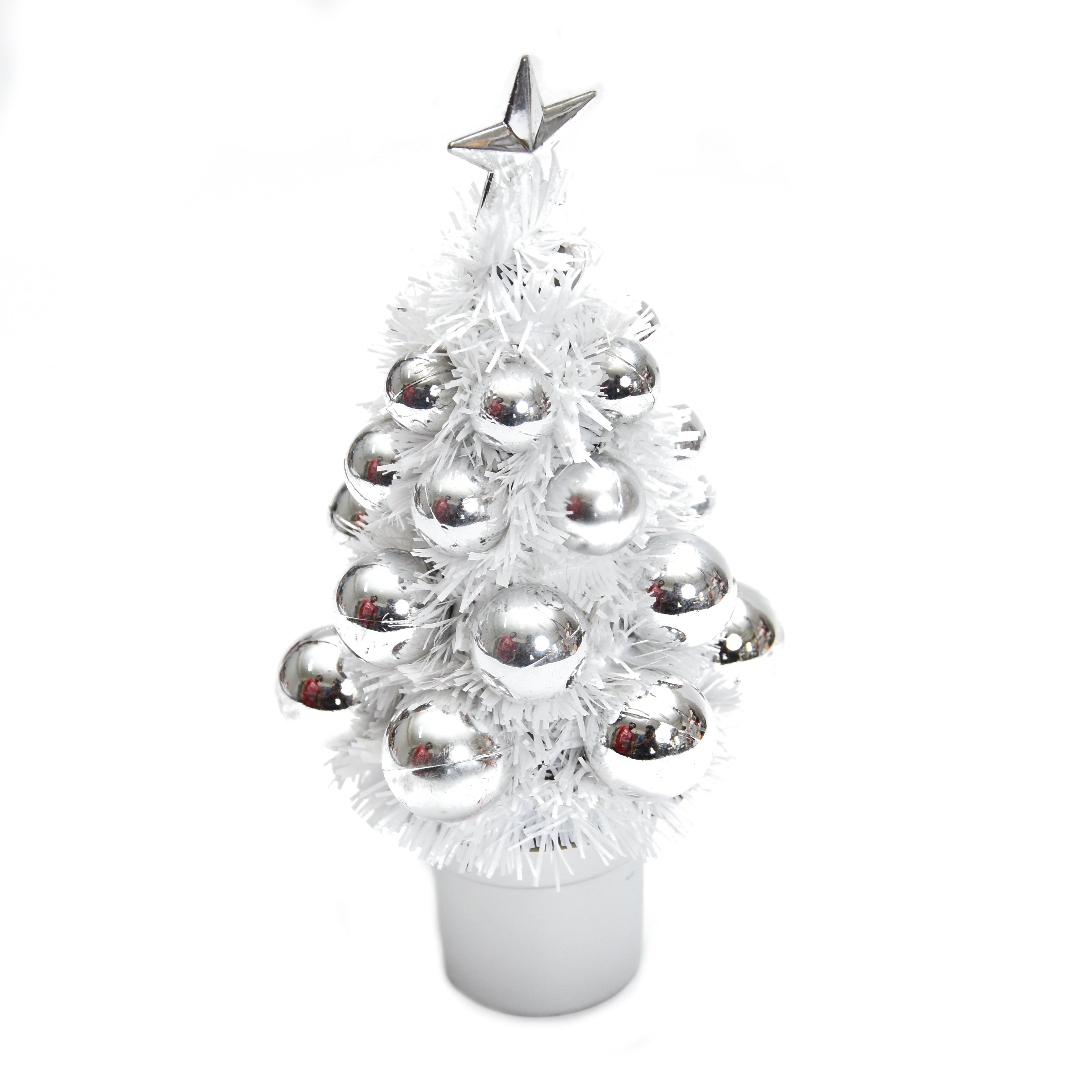 Tinsel Tree with Baubles - Silver & White, 16cm