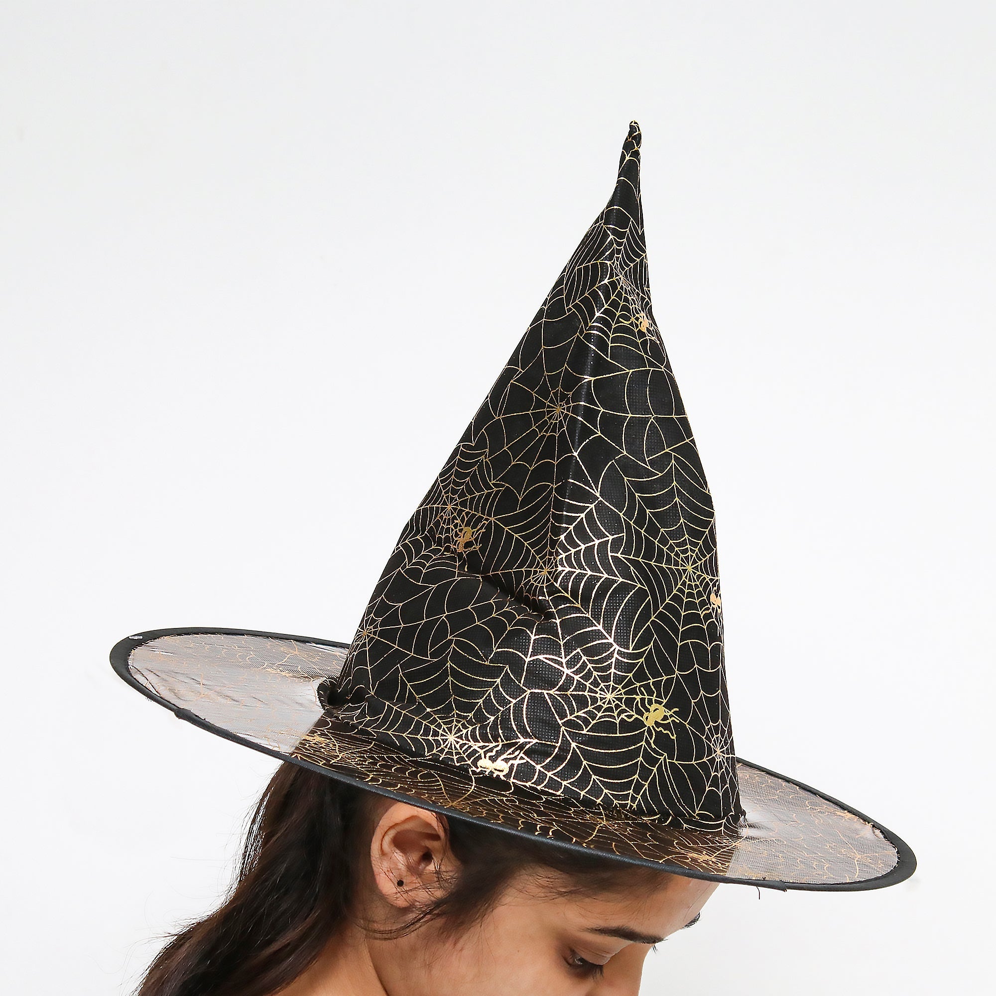 Basic Witch Black Hat With Spider Web Gold Print