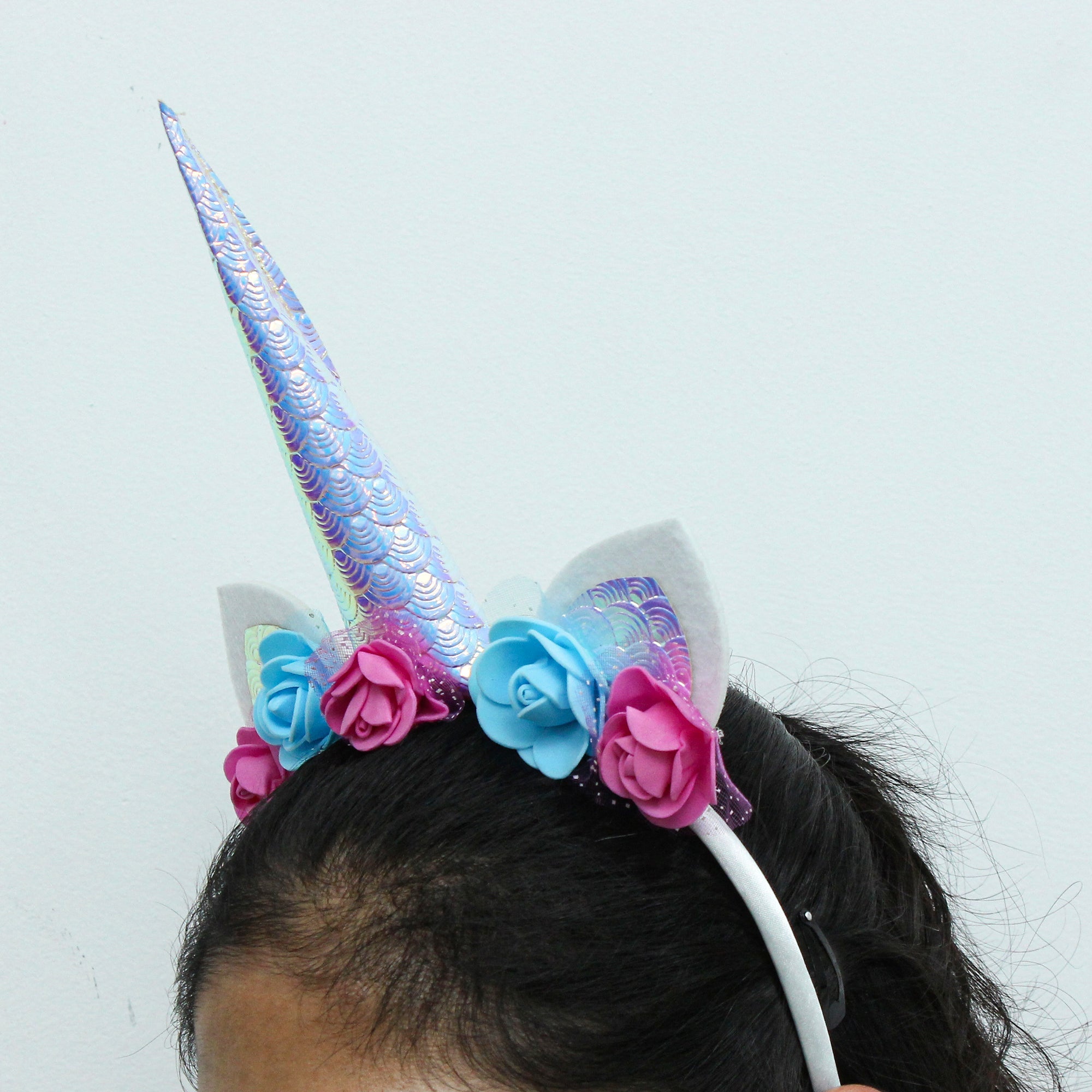 Unicorn Headband With Foam Flowers Pink & Blue