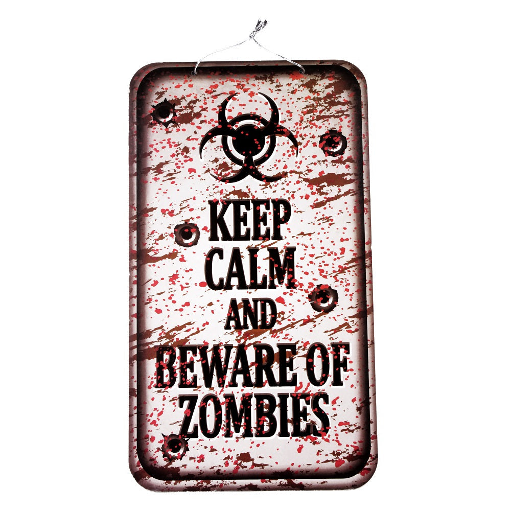 Warning Sign - Keep Clam and Beware of Zombies - Hanging Sing Board 23 x 40cm