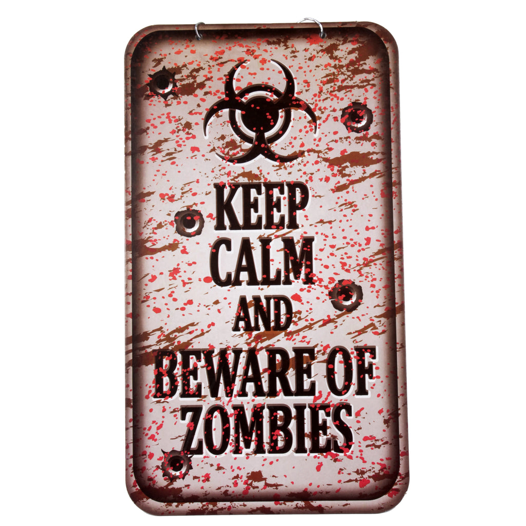 Warning Sign - Keep Clam and Beware of Zombies - Hanging Sing Board 23 x 40cm