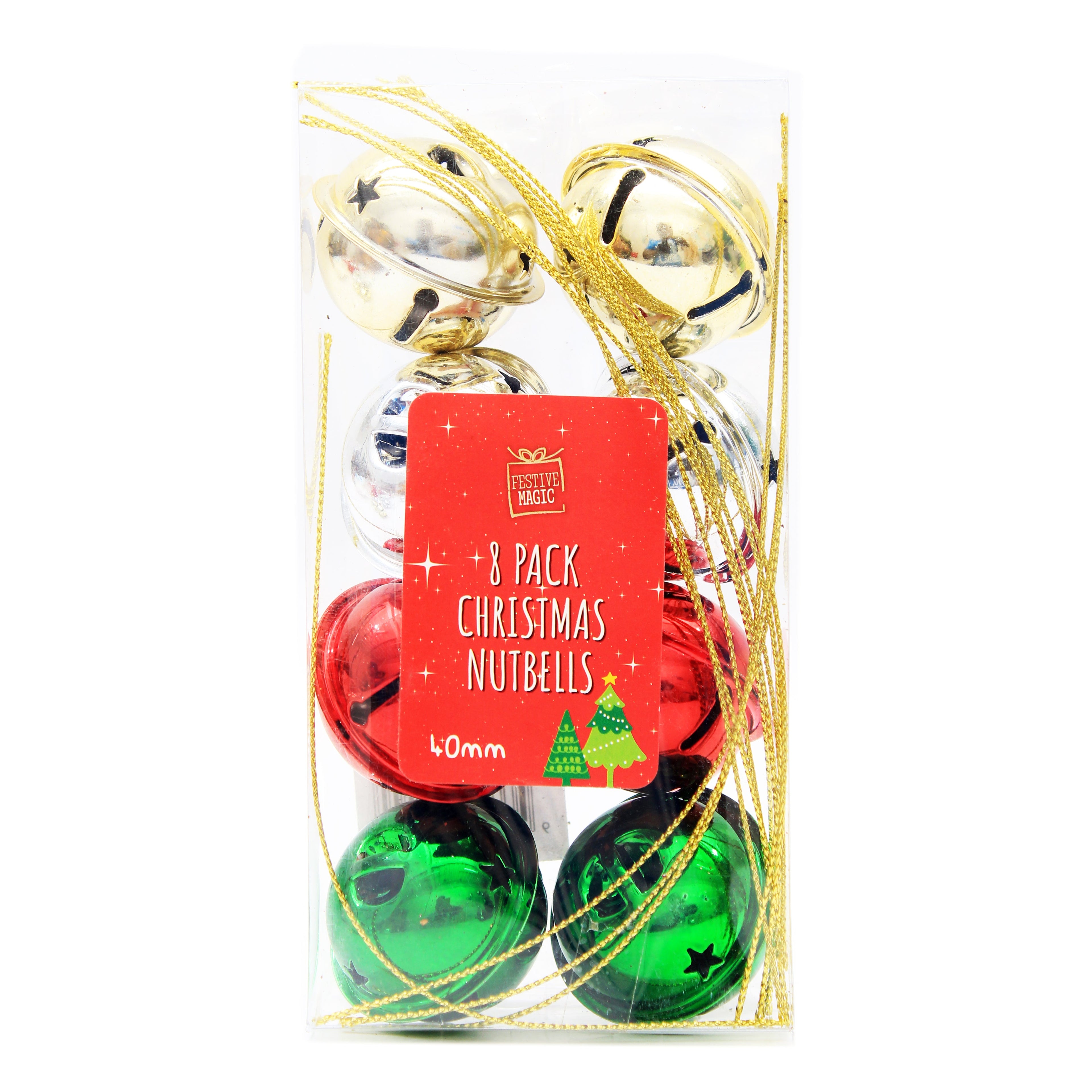 Shiny Metallic Nutbells - Red, Green, Silver and Gold, 40mm, 8pc in a Box