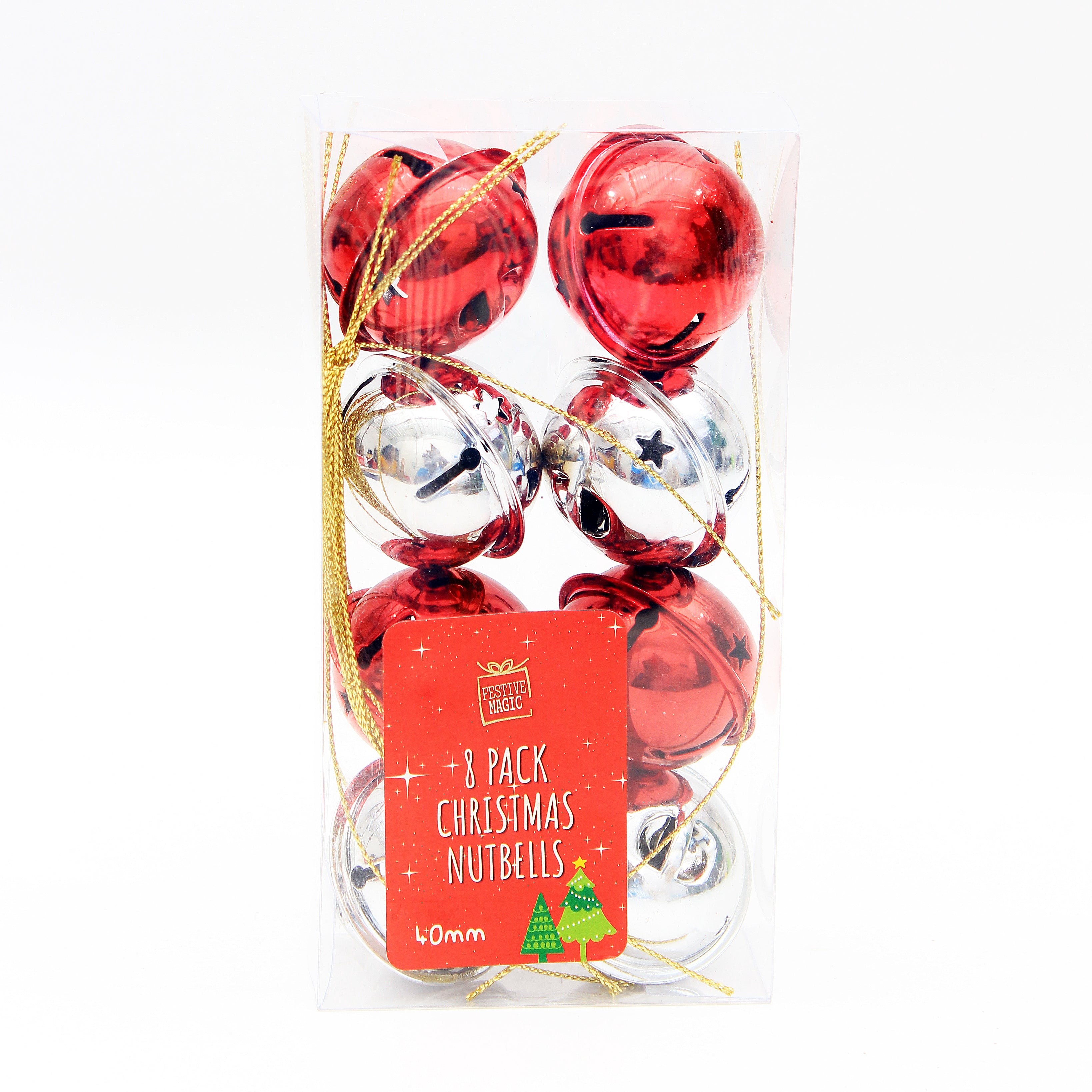 Shiny Metallic Nutbells - Silver And Red, 40mm, 8pc in a Box