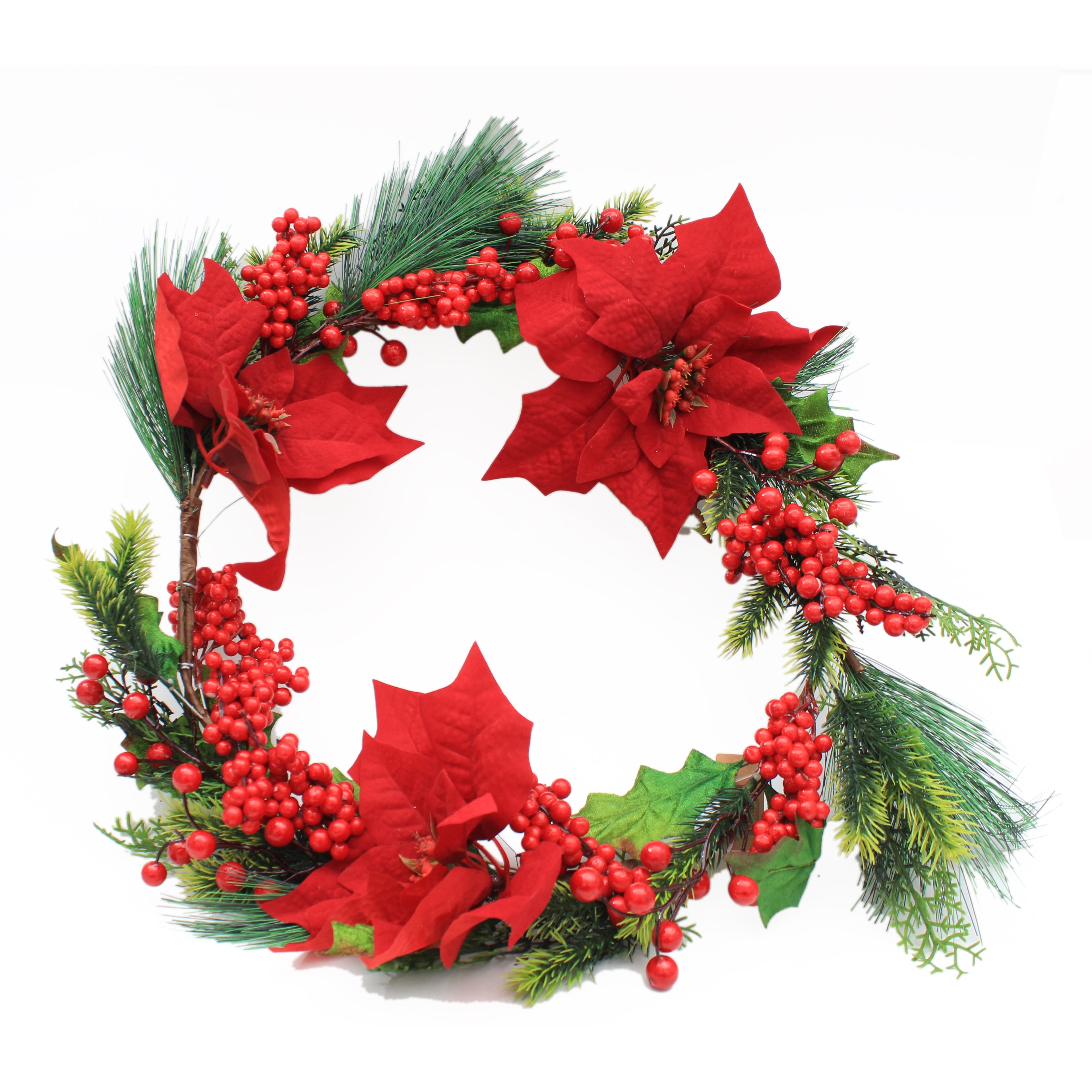 Retro Holly Berry and Poinsettia Wreath -  50cm, 1pc