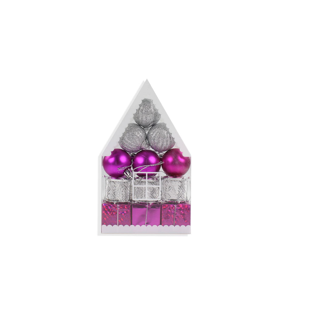 Decorative Christmas Hanging Ornaments - Baubles And Gifts, Pink And Silver, 1 Pack