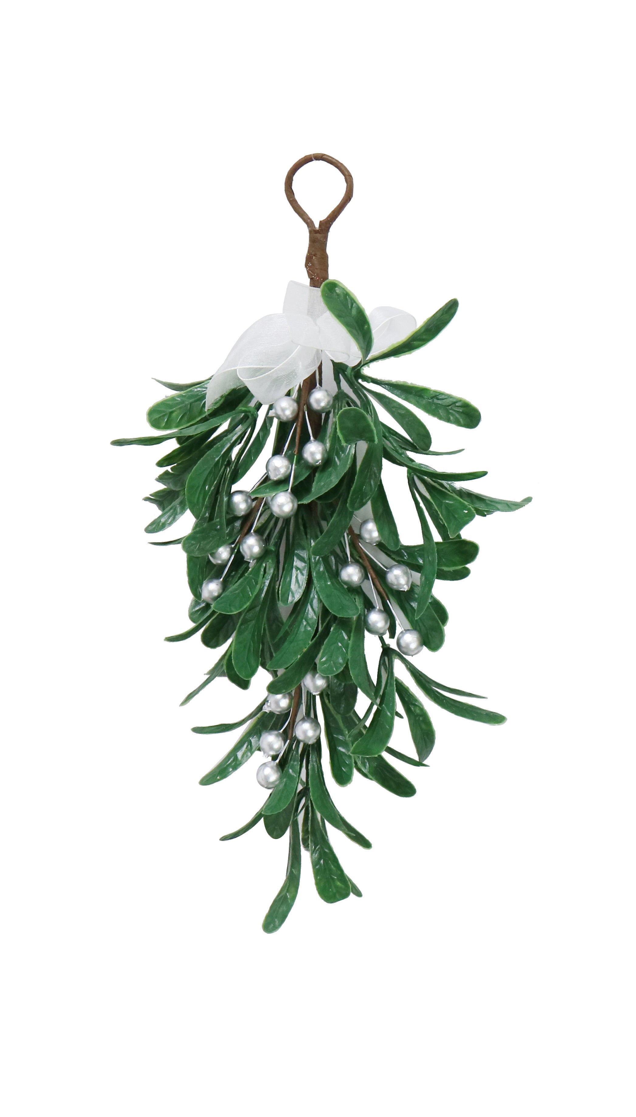 Christmas Hanging Decoration - Mistletoe With Silver Berries and Silver Bow, 35cm, 1pc